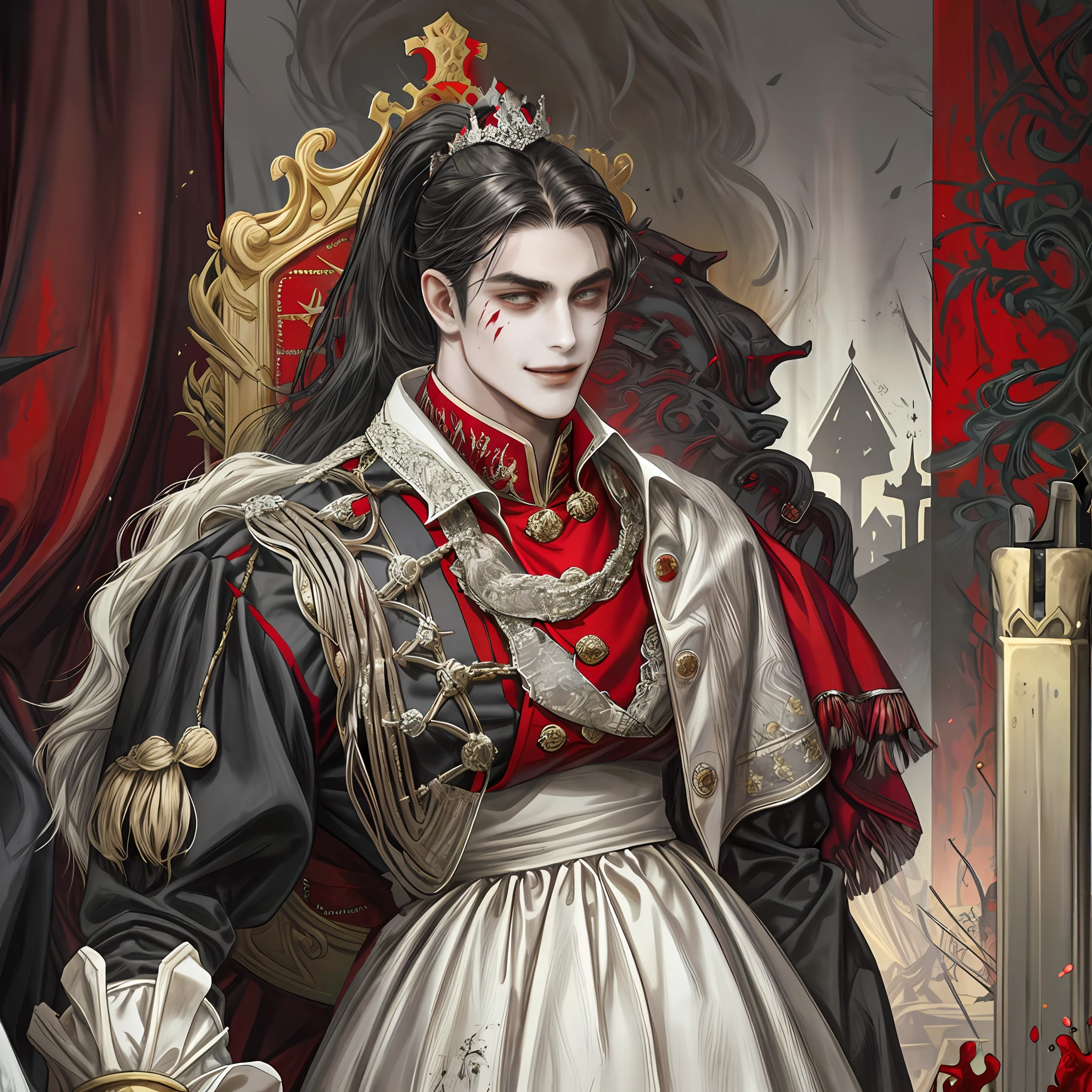 1 man, evil-looking man, dark hair, tanned, ponytail, crowned king, royal, standing with a sword (embroidered on the ground), blood spatter on face, smiling, scary, psychotic, background detail, palace, red throne, blood spatter, corpse, servant bowing, gloomy atmosphere, scary, scary,