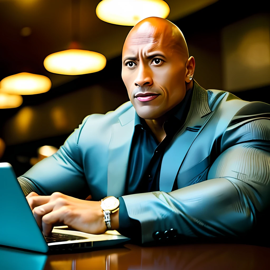 Dwayne Johnson using a computer at a restaurant table