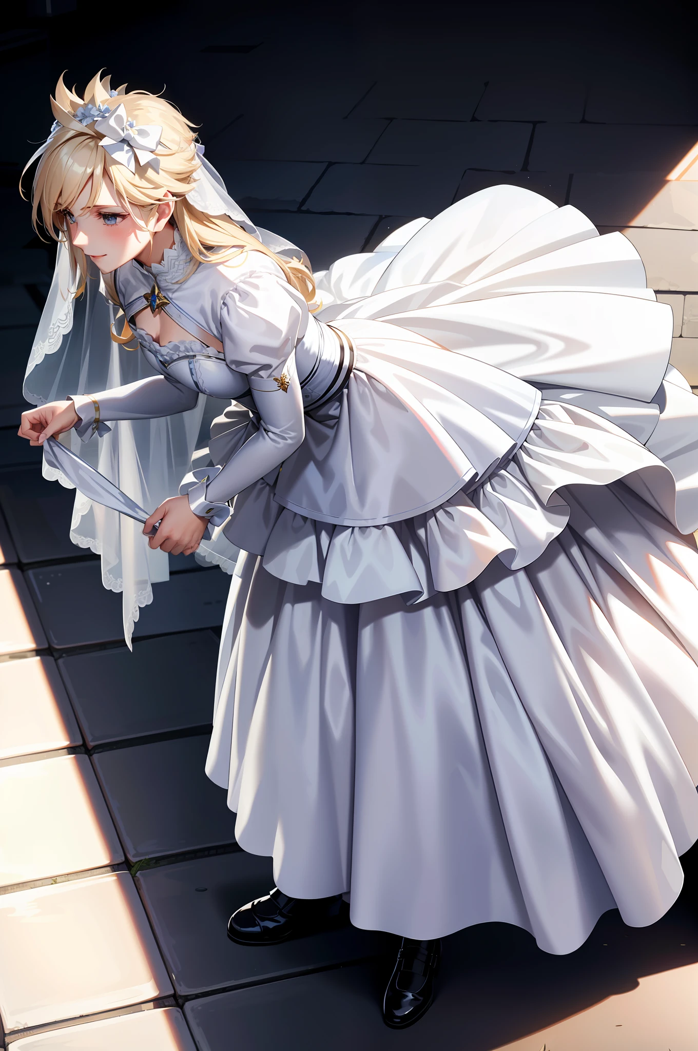 Masterpiece, best quality, cloud clash, crossdressing, long hair, male focus, pure white bridal dress, hair bow, smile, beautiful face, looking at the audience, white stockings, flowers in hand, pseudonym, face depicted meticulously, white stockings shiny