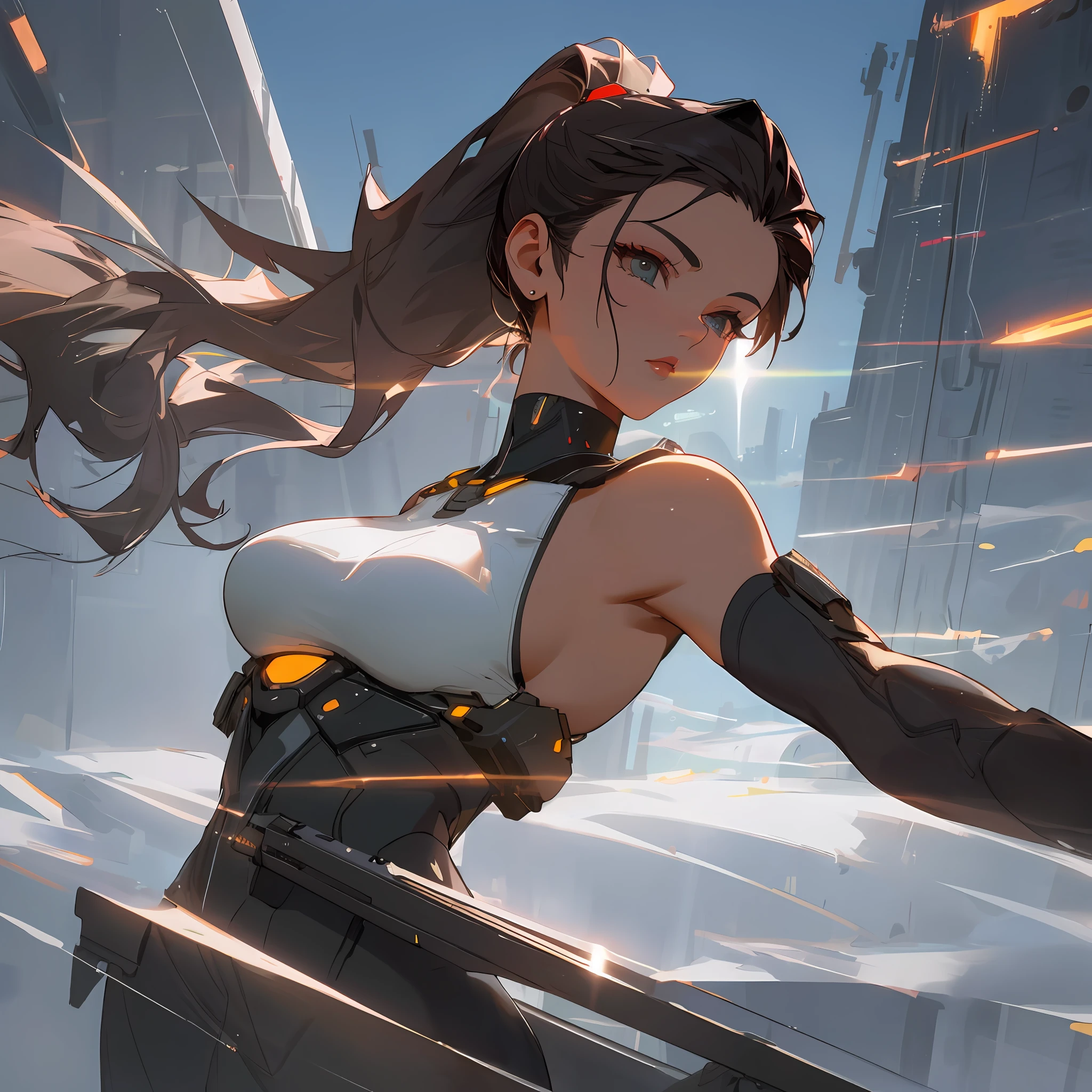Nsfw, Best quality, masterpiece, 8k, ultra high resolution, cinematic scene, dynamic scene, ultra fine details, ultra high quality, perfect anatomy, flawless body, jawdropping quality, immersive, extraordinary, ethereal, perfect, supermodel, 1 beautiful elegant sexy petite rich futuristic gangster lady, she is wearing a luxurious futuristic sleeveless satin dress , her boobs are big and beautiful, she has an amazing body, she is holding a futuristic rifle in her right hand pointing it upwards, her stance is elegant and swductive, she has beautiful long hair tied into a ponytail, her eyes are beautiful and glow brightly, hyperdetailed face, complex, symmetrical face, sharp focus, perfect, model, close-up, textured, looking into the camera, chiaroscuro, professional make-up, realistic, rough, gritty, dominating, figure in frame, she is standing in massive city with towering sky scrapers in the backgroungd, field of depth,