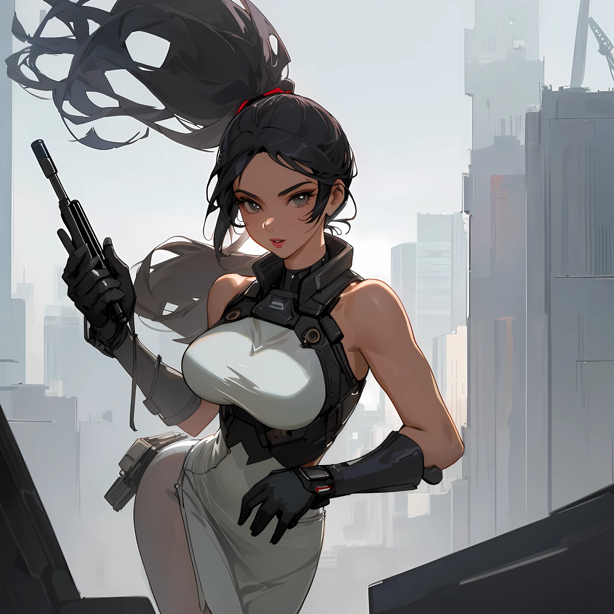 Nsfw, Best quality, masterpiece, 8k, ultra high resolution, cinematic scene, dynamic scene, ultra fine details, ultra high quality, perfect anatomy, flawless body, jawdropping quality, immersive, extraordinary, ethereal, perfect, supermodel, 1 beautiful elegant sexy petite rich futuristic gangster lady, she is wearing a luxurious futuristic sleeveless satin dress , her boobs are big and beautiful, she has an amazing body, she is holding a futuristic rifle in her right hand pointing it upwards, her stance is elegant and swductive, she has beautiful long hair tied into a ponytail, her eyes are beautiful and glow brightly, hyperdetailed face, complex, symmetrical face, sharp focus, perfect, model, close-up, textured, looking into the camera, chiaroscuro, professional make-up, realistic, rough, gritty, dominating, figure in frame, she is standing in massive city with towering sky scrapers in the backgroungd, field of depth,