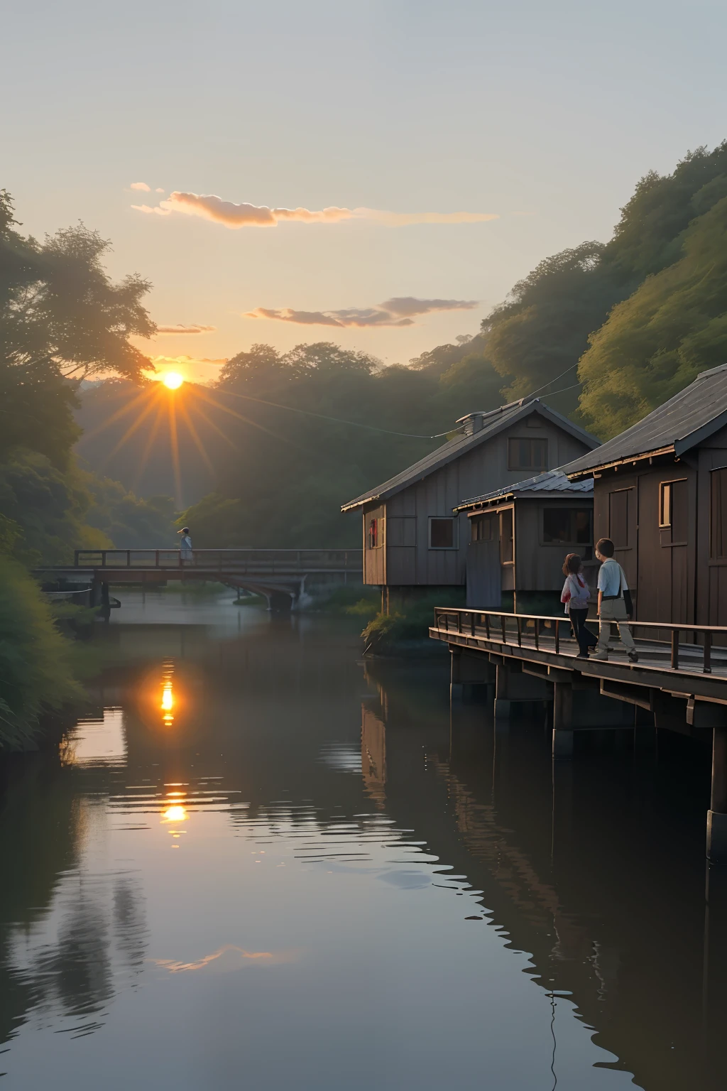 As the sun sets, there is a boy and a girl on a wooden bridge by the river in the distance, surrounded by small houses