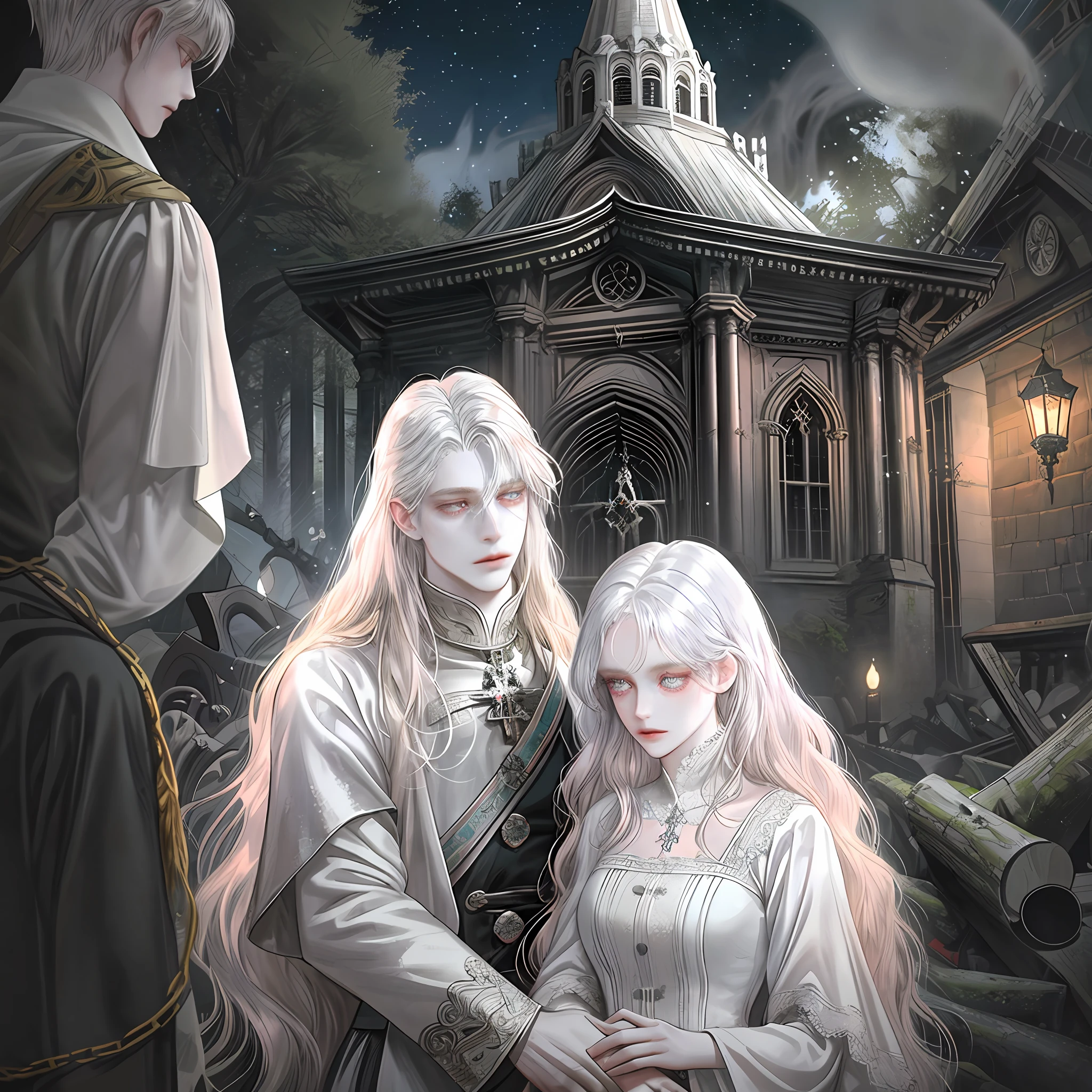 2 people, 1 woman, 1 man (twins), Facing posture, Pale white skin, Beautiful face, Slim body, Perfect looking, Big eyes, Light pink eyes, Long curly hair silver blonde, Saint, Background detail, fallen church, Ghost town, At night, House fire, Collapse, Dense forest, Withered trees, People falling, Blood, Corpse, Chained,