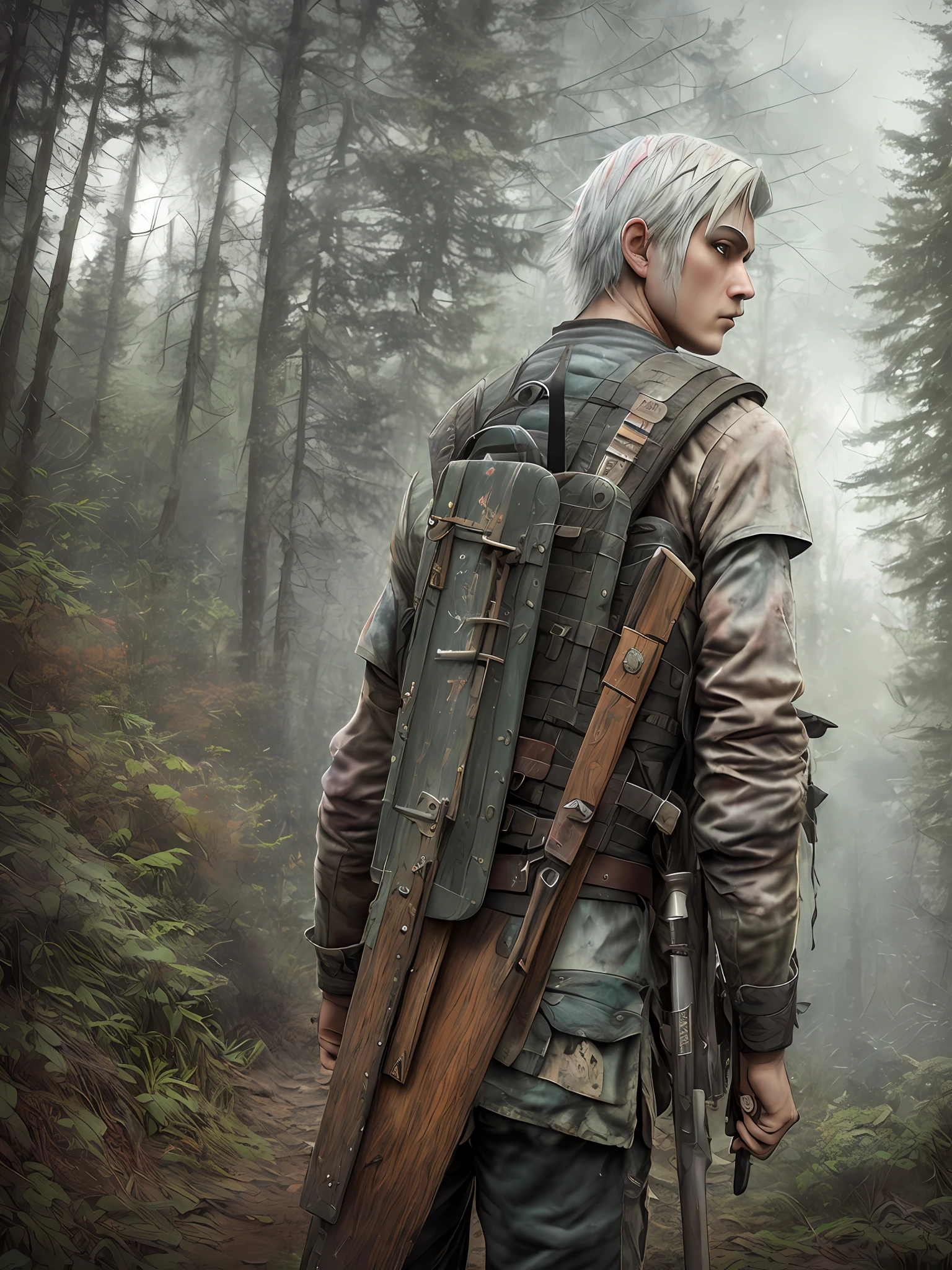 An adult with white hair with knife, an adult with axe, duel, angry, 2 2 years, backpack, realistic epic, photo, faded, complex things around, forest background, soaked, neutral colors, (((((hdr)))), ((((soft colors)))), intricate scene, artistic station, intricate details, vignette
