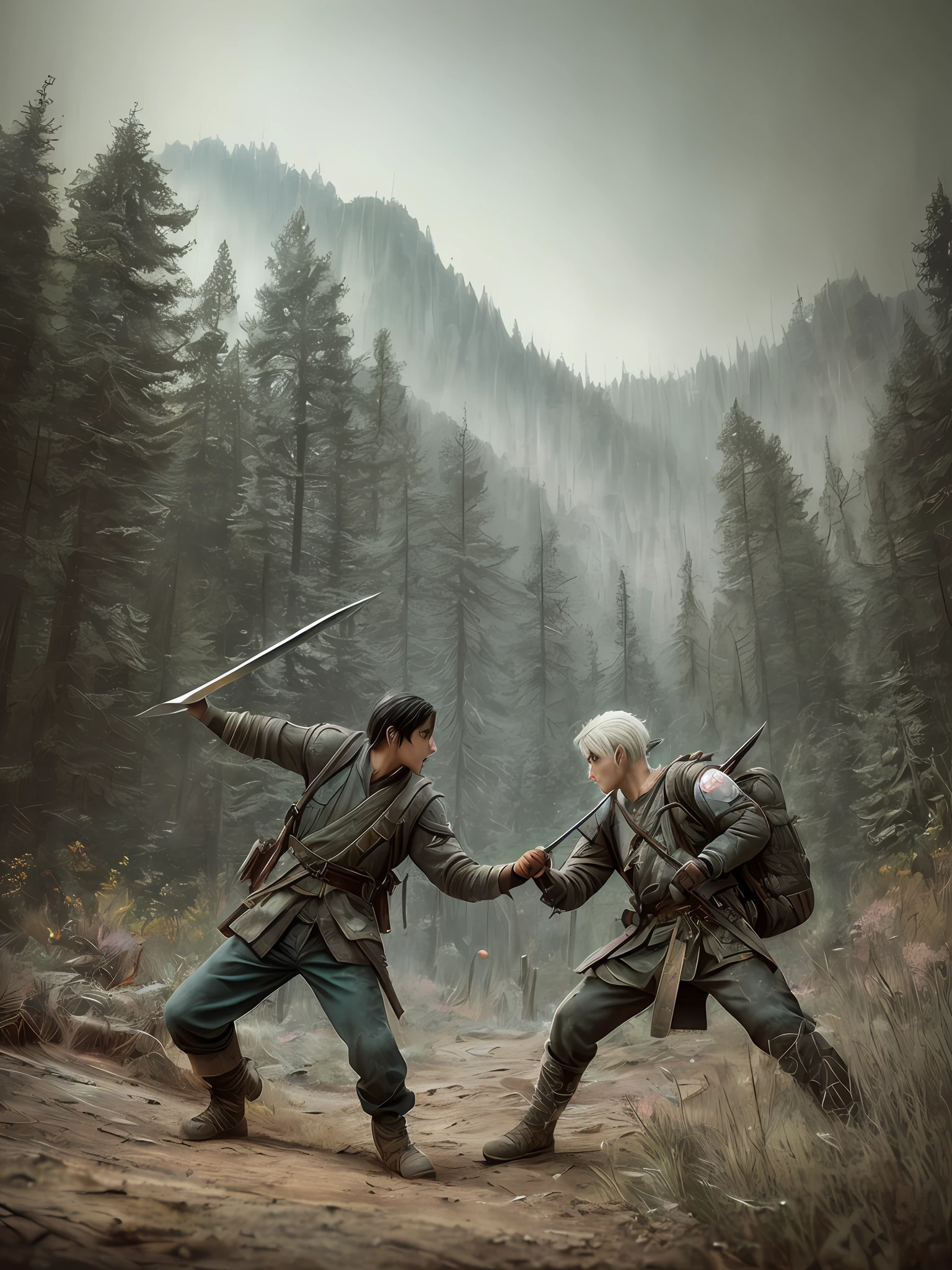 An adult with white hair knife, an adult with black hair axe, fighting, duel, fighting, angry, 2 2 years, backpack, realistic epic, photo, faded, complex things around, forest background, soaked, neutral colors, (((((hdr)))), ((((soft colors)))), intricate scene, artistic station, intricate details, vignette