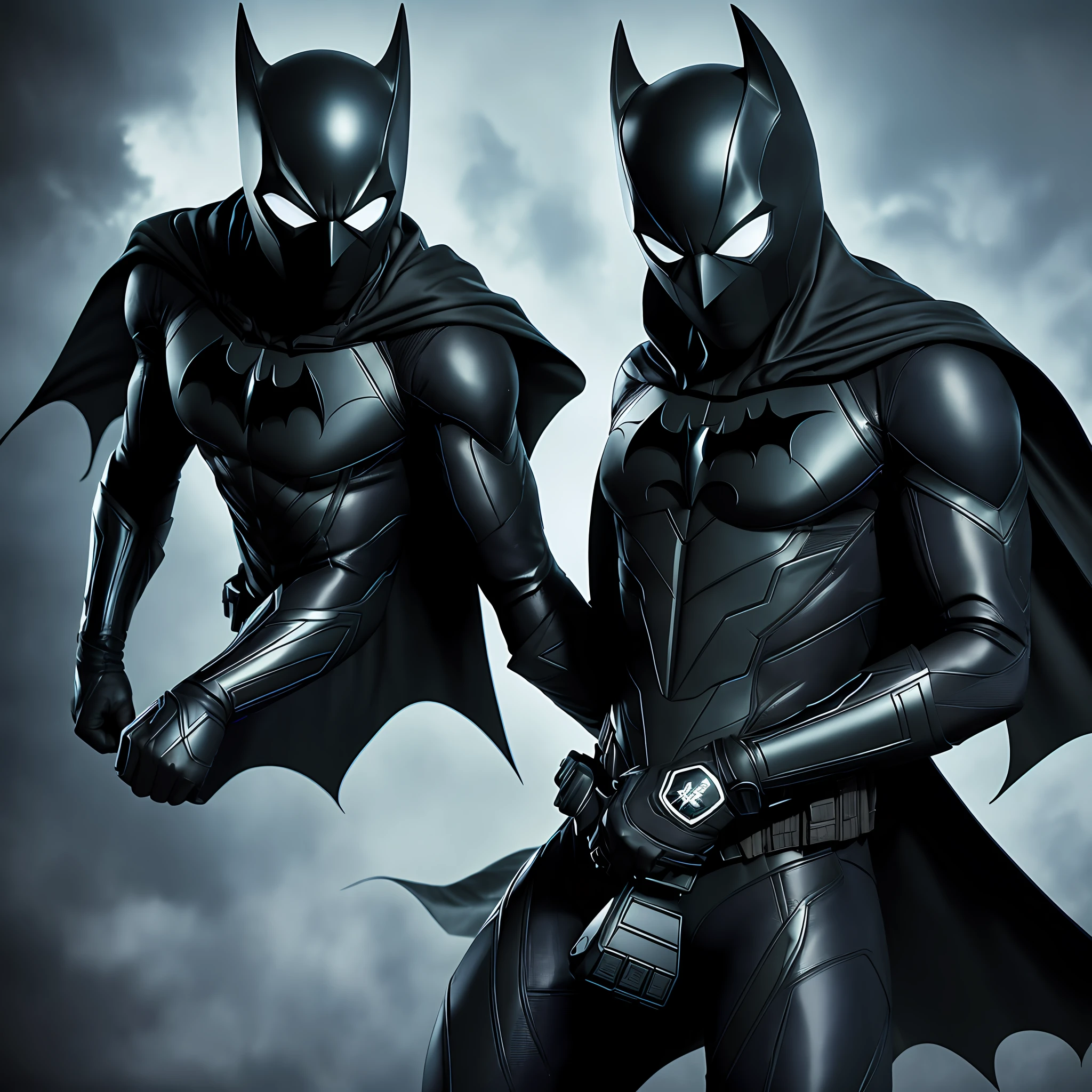 Predominantly black with a dark and imposing design.
Made of resilient and flexible material that fits the body perfectly.
Long and flowing cape, attached to the shoulders, which can be worn loose or wrapped for better aerodynamics.
Batman's bat symbol on the chest, incorporating elements of Spider-Man's web design.
Gloves and boots with extra grip and retractable hooks for acrobatic movements.
Mask covering the face, equipped with special lenses for night vision and real-time vital information.
High collar for added protection.
Integrated communication system within the mask.
Mysterious, powerful, and agile appearance, highlighting the hybrid nature of the hero.
Conveys a sense of hope, justice, and determination.