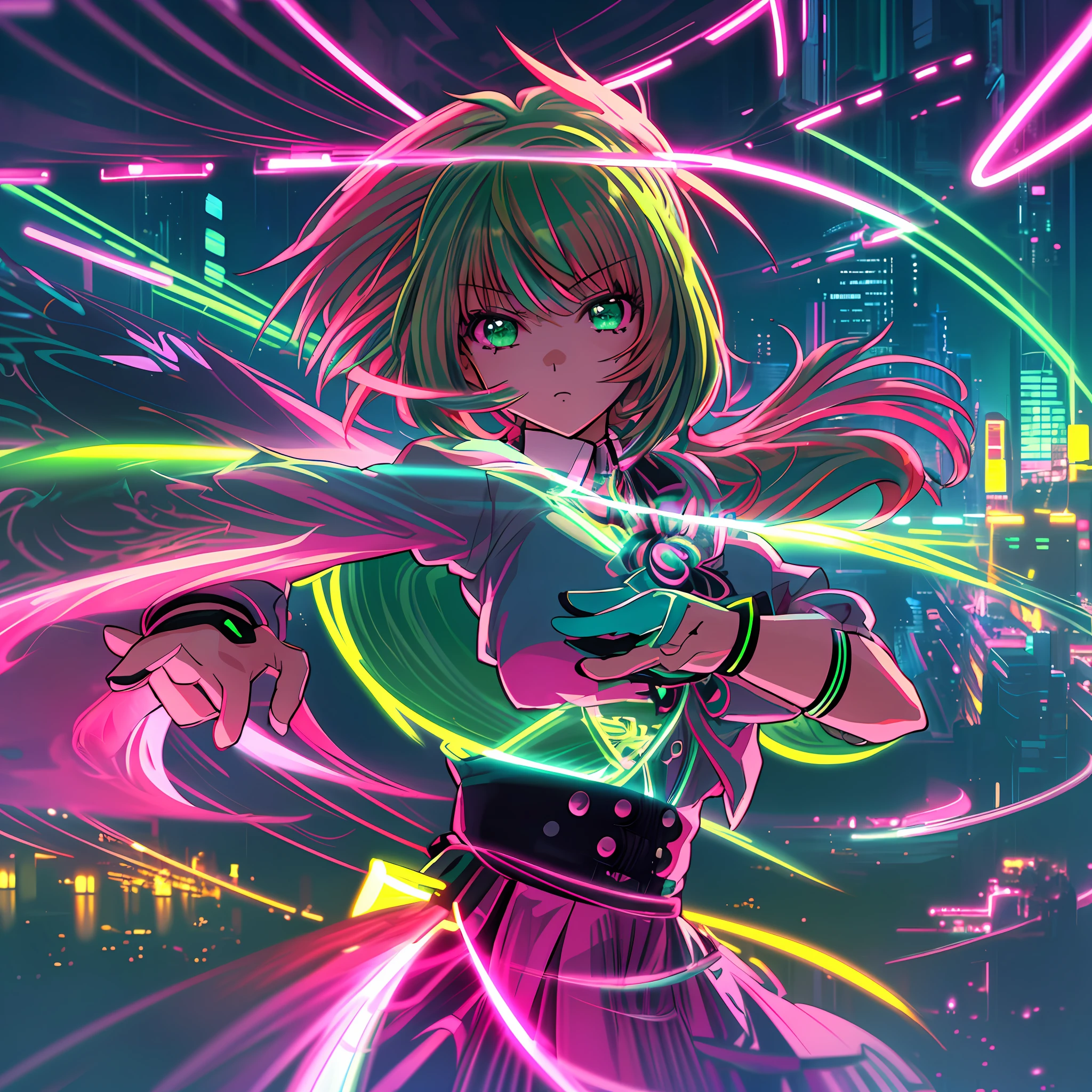 (ultra-detailed anime illustration), best quality, dreamlike, beautiful, neo city vibe, neon lights, neo tokyo, night, high saturation, bright colors, (1 girl with pink and green hair:1.4), (dancing:1.1), (K-pop:1.1) stylish, mature woman