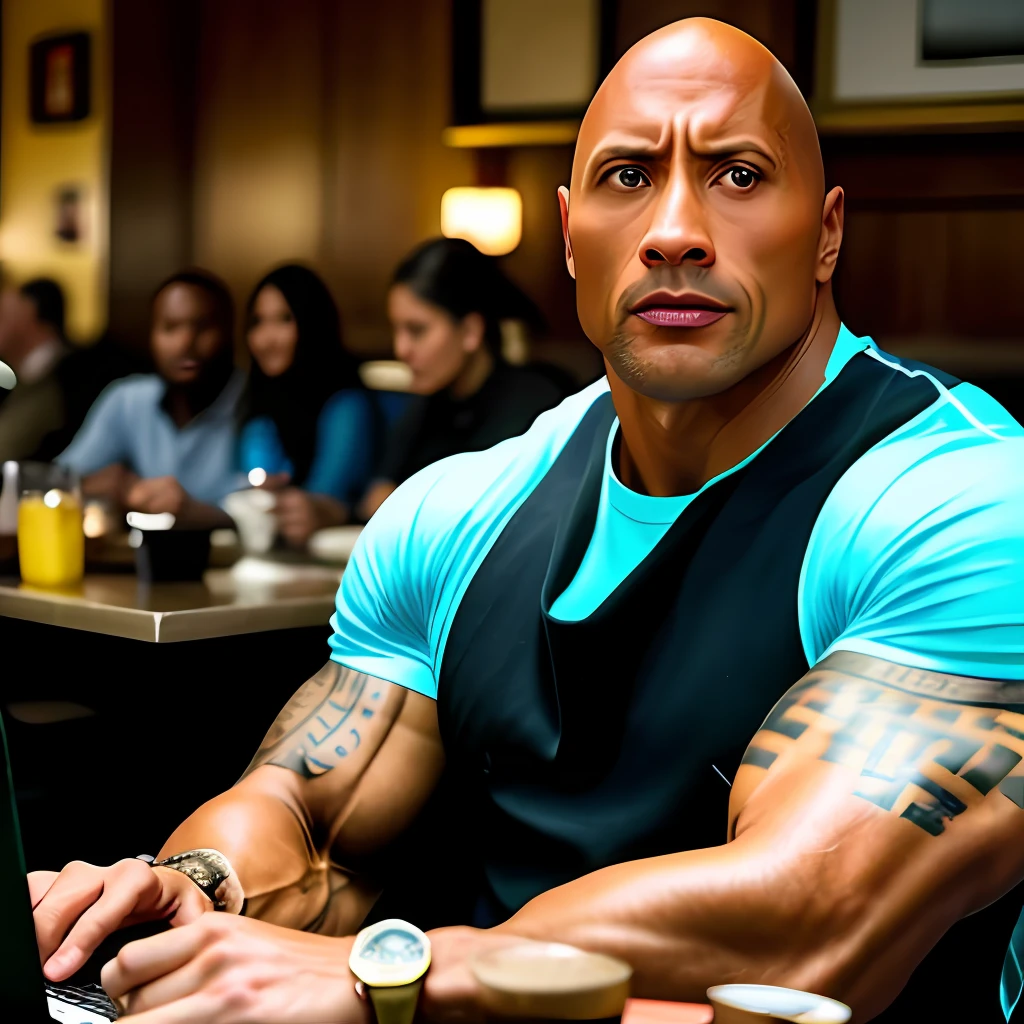 Dwayne Johnson nervously using a computer at a restaurant table