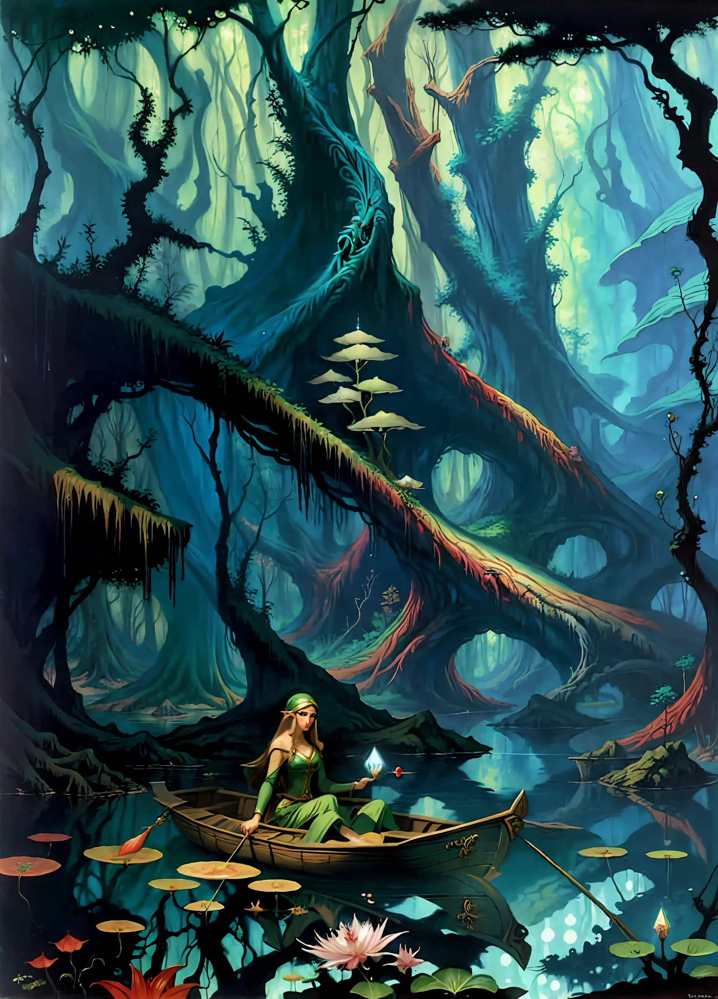 Sensual elf, in a forest, lagoon boat, crystal clear water, art style Frank Frazetta