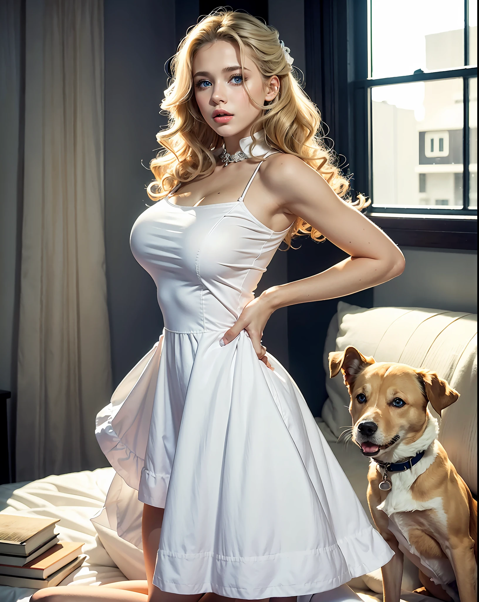 Party in the apartment,men children and many women on site,she sitting with books in her hands, other women,photography, masterpiece, best quality, dark gray background, behind, sfw, (1girl blue eyes and blonde hair soon curly swing), big ass until waiting wearing, (white dress with details swings2ndo sexy_outfit: 1.3), (white clothes: 1.3),dog on site, Looking around, varied poses.
