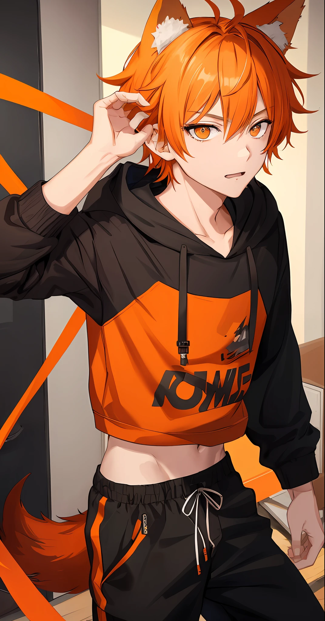 1boy, orange hair, orange eyes, wolf ears, wolf tail, gray hoodie, black pants, HD, vibrant, masterpiece, best quality, slim, toned, dead expression, staring at camera