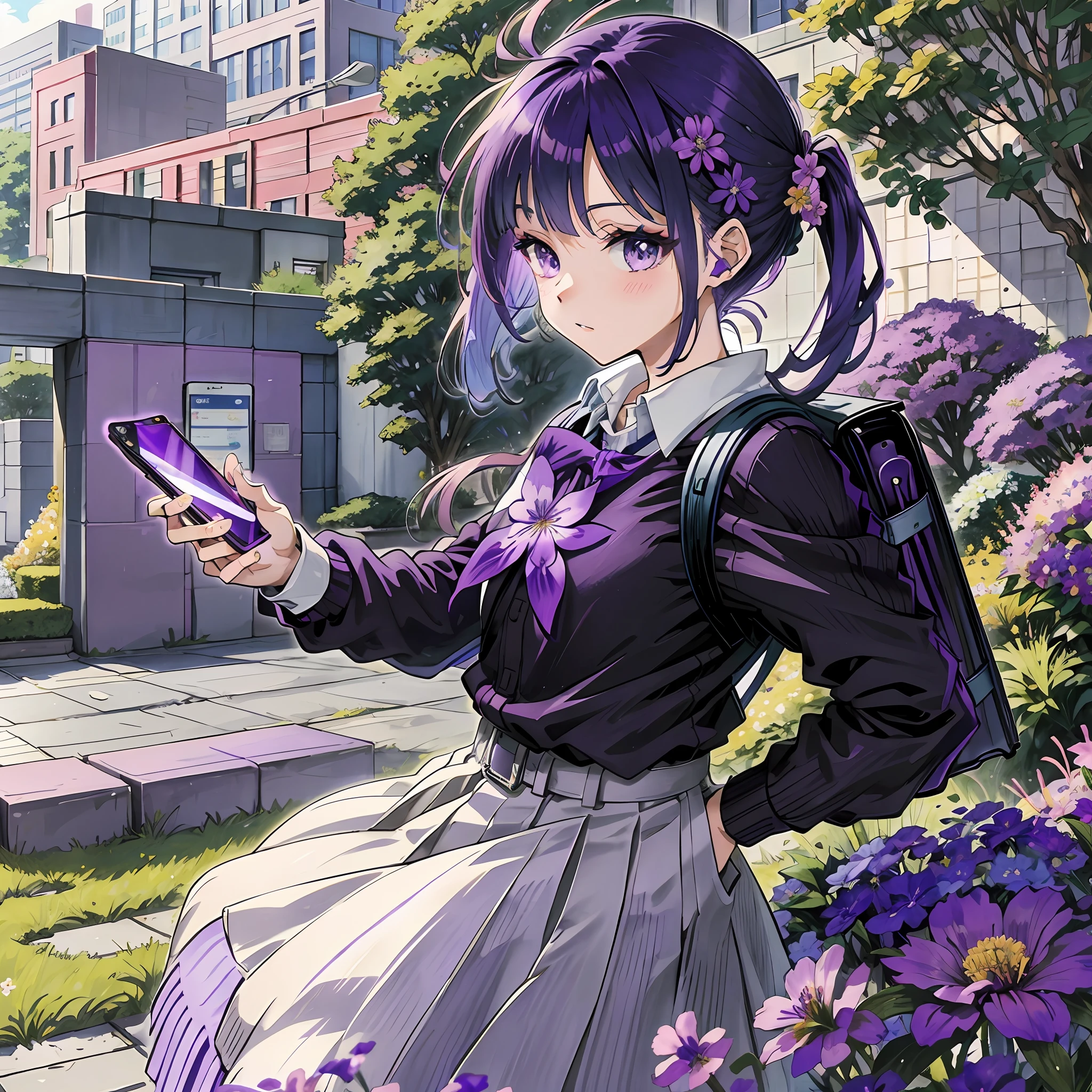 Flowers all around, vibrant purple hair, and an anime girl holding her backpack with notebooks and cell phone in hand. (Anime girl, school backpack, purple hair, cell phone in hand, flower garden) [🌸🎒📱👧]