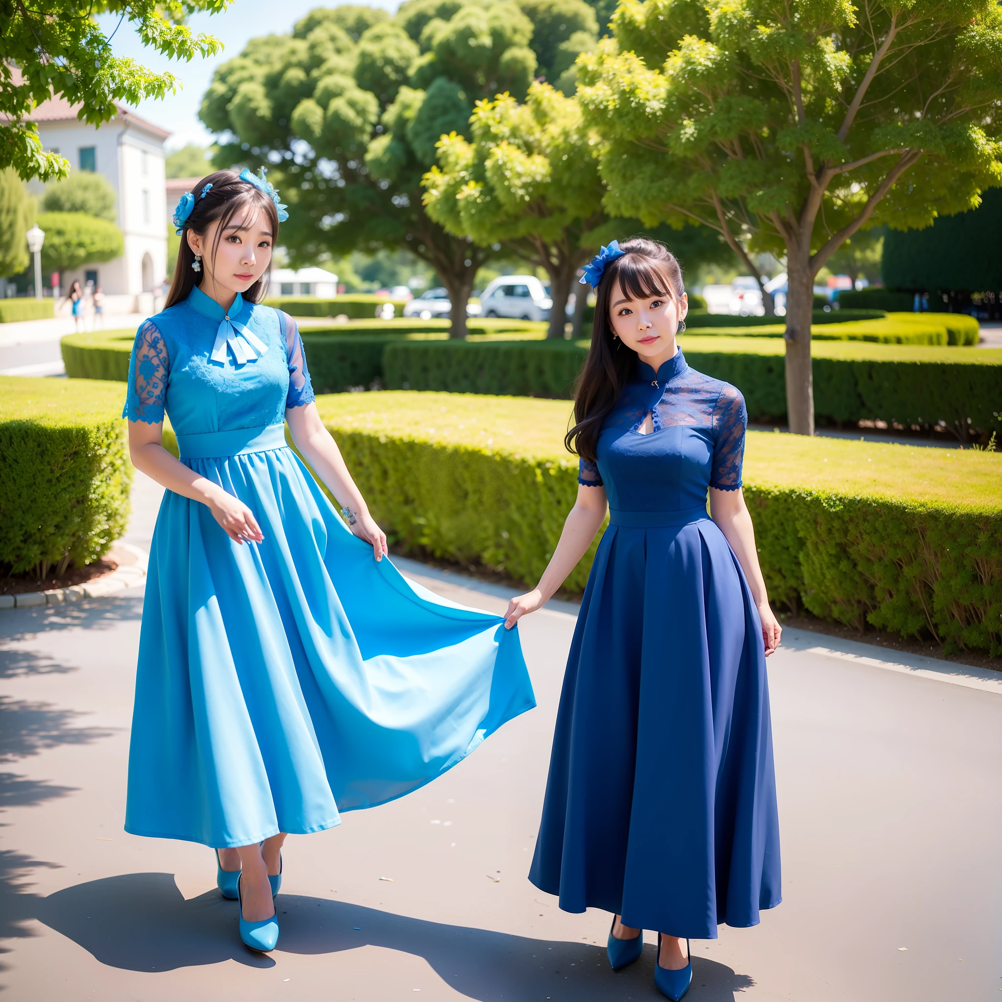 a woman in a blue dress posing for a picture, sky - blue dress, blue-white dress, wearing blue dress, korean audrey hepburn, victorian blue dress, lace dress, korean hanbok, blue colored traditional wear, iu, korean women's fashion model, blue long hair, expensive outfit, idian dress, wearing a blue qipao dress, blue outfit