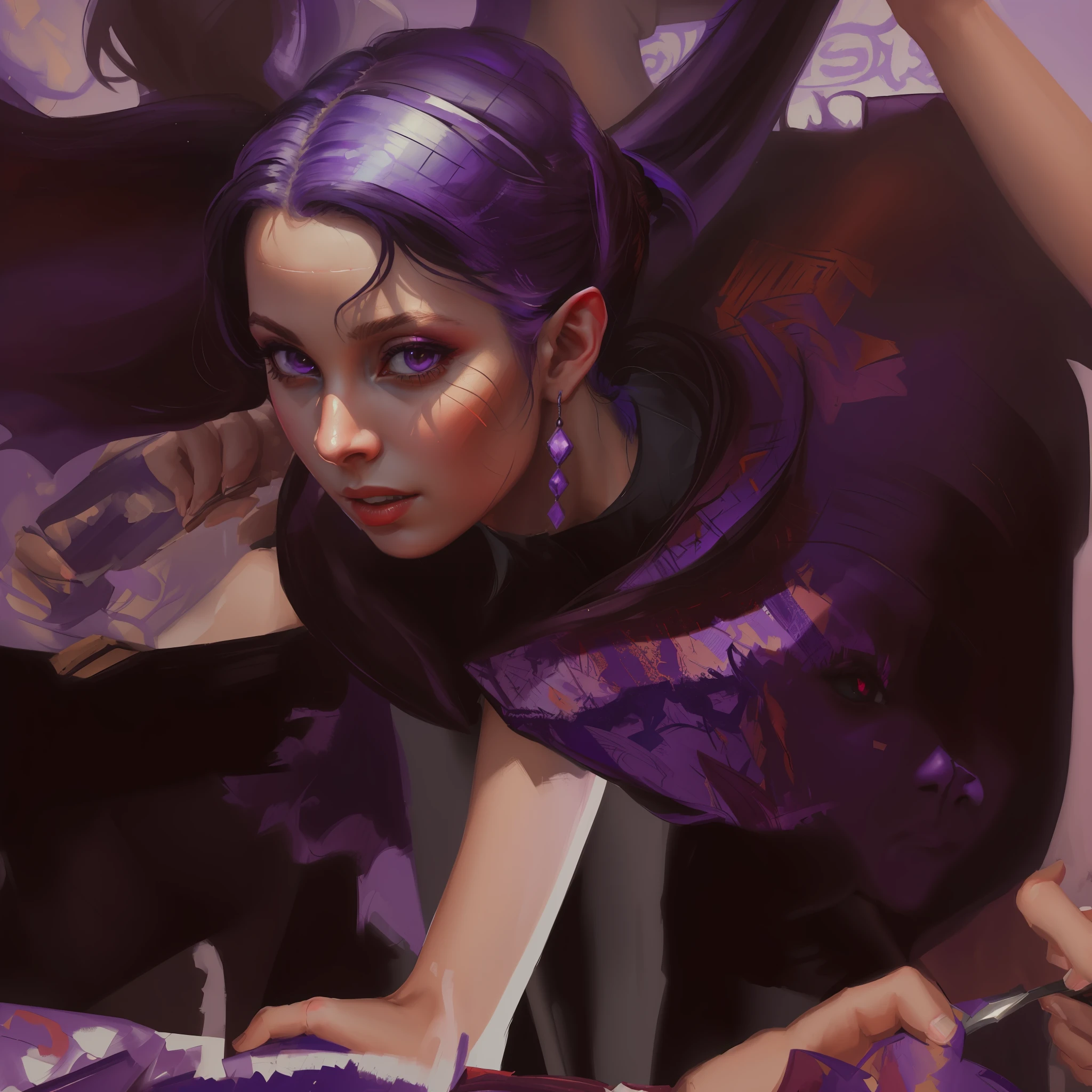 (((Masterpiece))), (((Best Quality: 1.4))), ((Super Detail: 1.4)) , hyper detailed gouache painting of a young tiefling woman, hyper detailed face features, dynamic, detailed textures, purple skintone