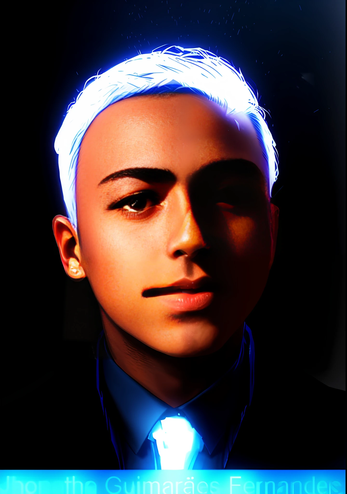There's a boy wearing a suit and tie, 3D HALF SPIDER MAN ON BRIGHT BLUE BACKGROUND