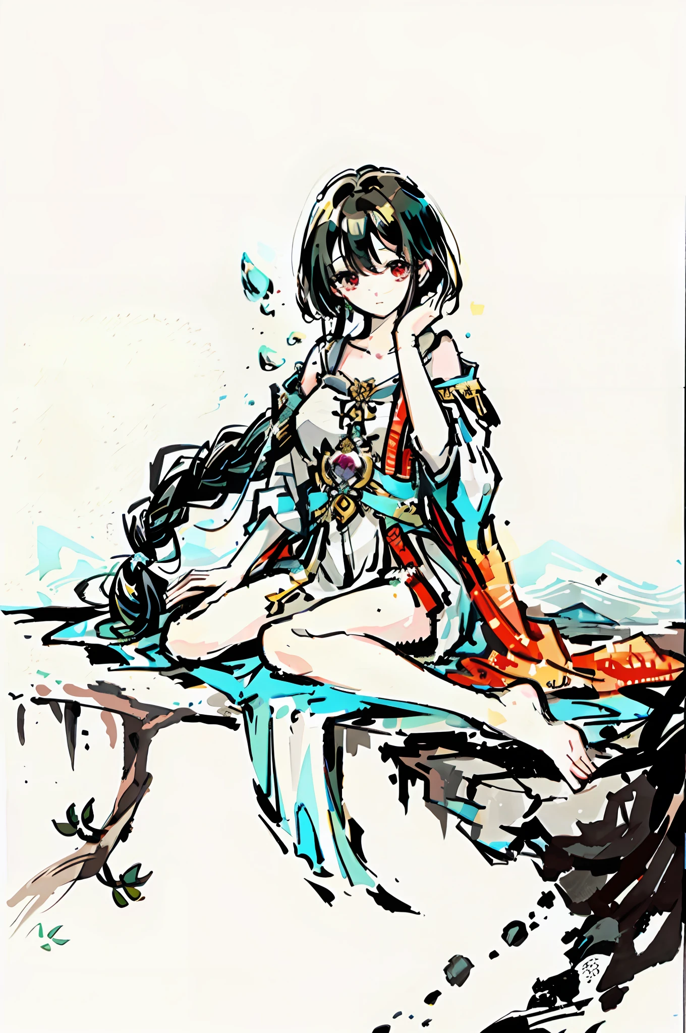 Panorama ancient style ink painting, under the tree sits a fairy, restrained and shy, (Guvizi: 1.2) appropriately highlight the bust (weight 1.9), exquisite and luxurious clothing, showing a barefoot ancient style fairy sense (weight 1.2). Final picture quality adjusted to 40k, posture seduction, 4k image quality, blush, water mist in eyes, bare legs, ink painting style, clean colors, decisive cut, white space, freehand, masterpiece, super detailed, epic composition, high quality, highest quality, 4k --v 6