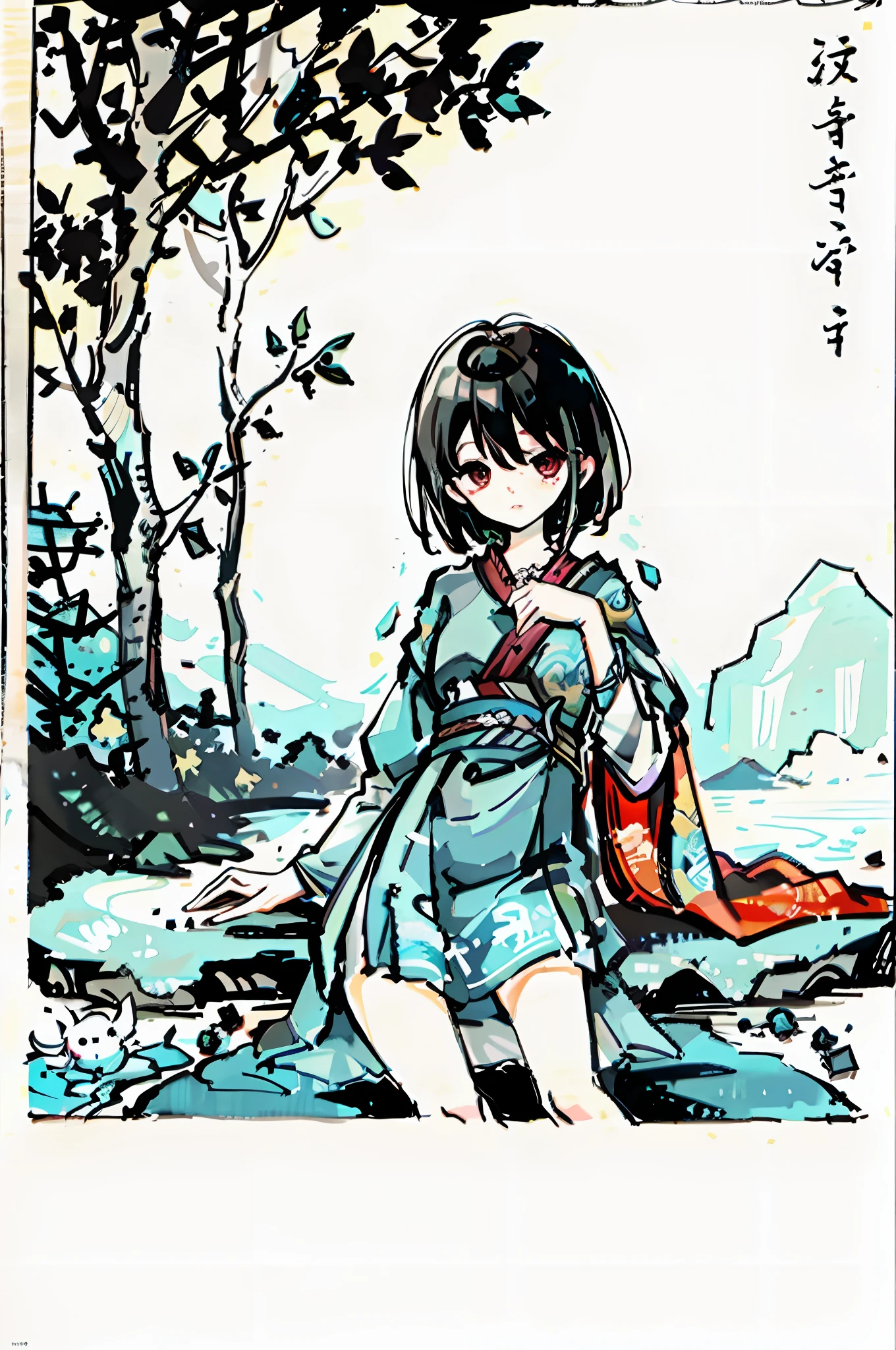 Panorama ancient style ink painting, under the tree sits a fairy, restrained and shy, (Guvizi: 1.2) appropriately highlight the bust (weight 1.9), exquisite and luxurious clothing, showing a barefoot ancient style fairy sense (weight 1.2). Final picture quality adjusted to 40k, posture seduction, 4k image quality, blush, water mist in eyes, bare legs, ink painting style, clean colors, decisive cut, white space, freehand, masterpiece, super detailed, epic composition, high quality, highest quality, 4k --v 6