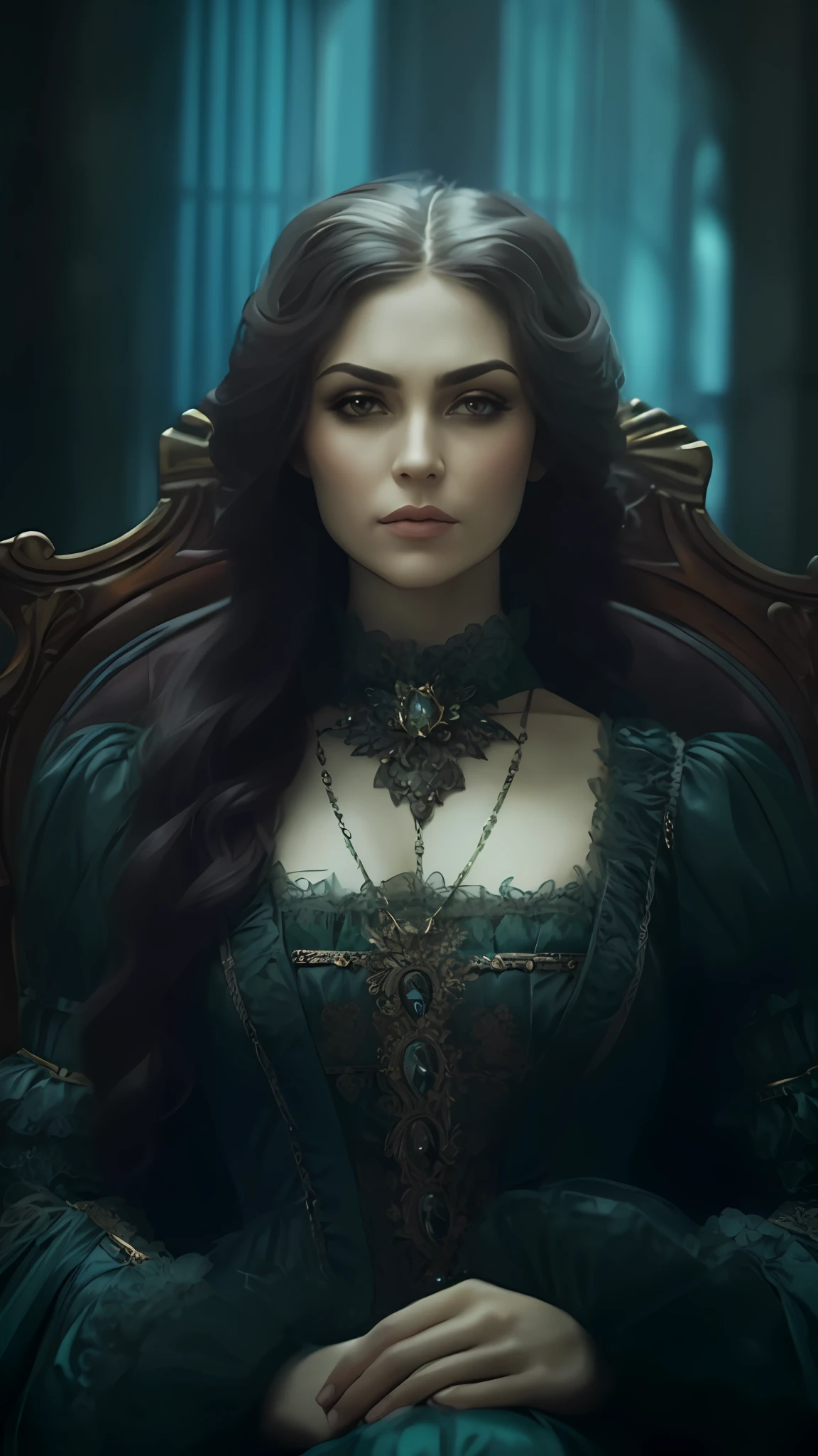 a closeup of a woman in a green dress sitting in a chair, Victorian art fantasy, elegant cinematic fantasy art, dark fantasy style art, fantasy portrait art, epic fantasy art portrait, fantasy art portrait, fantasy concept art portrait, highly detailed 4k digital art, gothic fantasy art, 4k fantasy art, mesmer seductive woman,  dark fantasy portrait, serious woman, serious eyebrow, serious facial expression, indignant facial expression, empowered facial expression