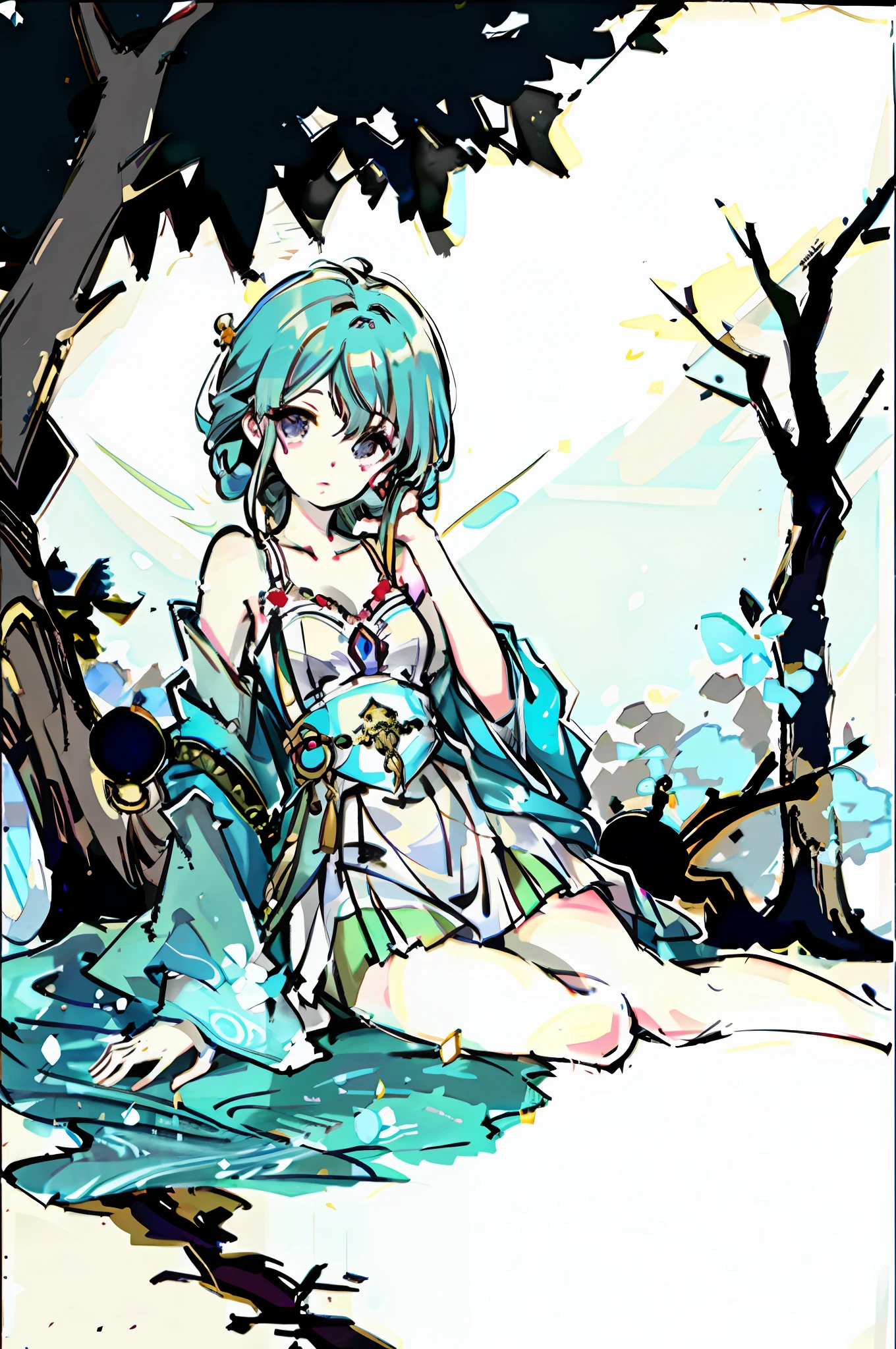 Panorama ancient style ink painting, under the tree sits a fairy, restrained and shy, (Guvitz: 1.2) prominent bust (weight 1.9), exquisite and luxurious clothing, showing a barefoot ancient style fairy sense (weight 1.2). The final picture quality is adjusted to 40k, posture seduction, 4k picture quality, blush, water mist in the eyes, bare legs, bird