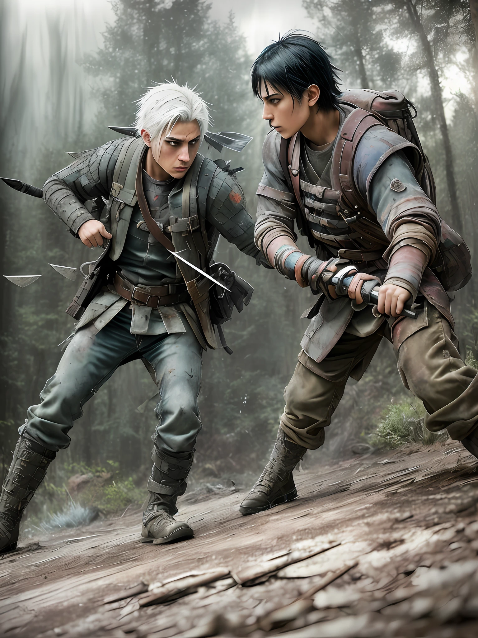An adult with white hair knife, an adult with black hair axe, fighting, duel, fighting, angry, 2 2 years, backpack, realistic epic, photo, faded, complex things around, forest background, soaked, neutral colors, (((((hdr)))), ((((soft colors)))), intricate scene, artistic station, intricate details, vignette, only two weapons, action scene