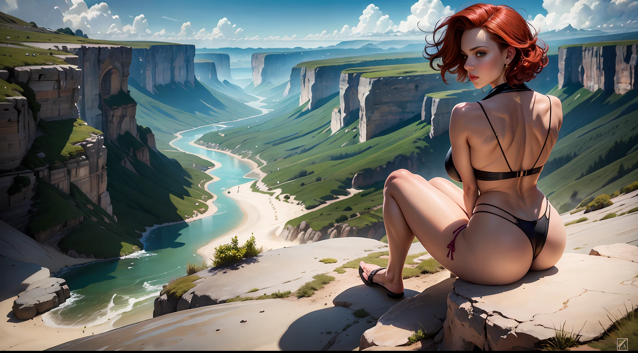 Mature woman, woman in the left corner, on the edge of cliff, with wide view of the scenery in the background, black widow, scarlett johansson face, pale fair skin, crouching, with her back to the viewer, back to the camera, displaying ???, bubble ???, round small ???, ???????????, full body portrait, ???? body, red hair, short hair, torn ??????, displaying, pink ??????,  transparent, ?????? marking ??????, tight ??????, (short ?????? 0.5), best quality, (beauty), masterpiece, 1 girl, render based on physics, amazing shadows, ultra highres, narrow waist, thin, long legs, thick thighs, closeup on muscular thighs, shiny skin, firm expression, looking spectator, ?????????, back to viewer back to camera, displaying back, extremely detailed background,  landscape, gigantic, unrealistic mountains, bright water river, dense forest