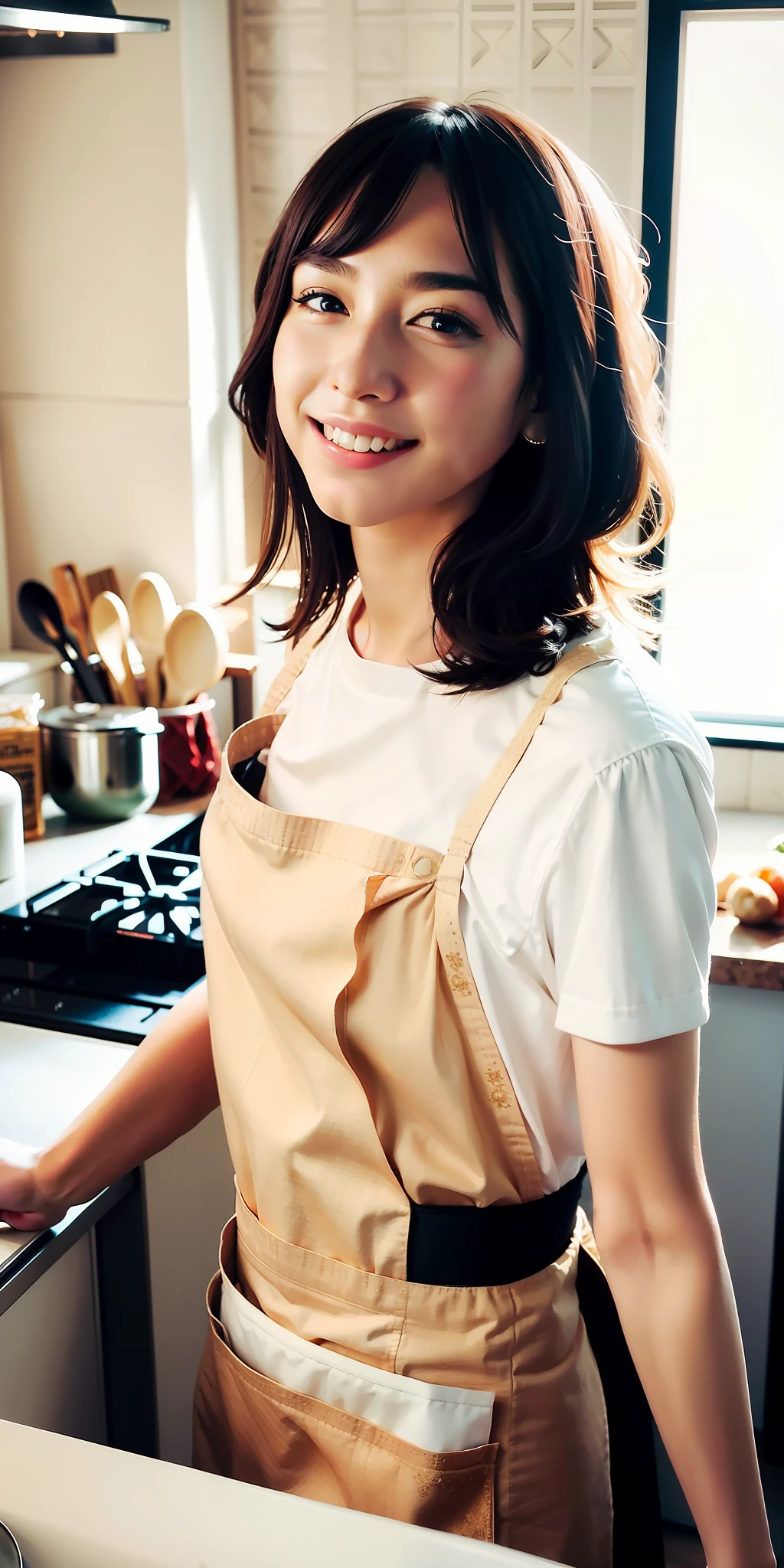 best quality, highly detailed, masterpiece, ultra-detailed, illustration, ultra high res, (photorealistic: 1.4, 8k), kitchen, man, beautiful, (apron, ), day, smile, face, black hair, light face,