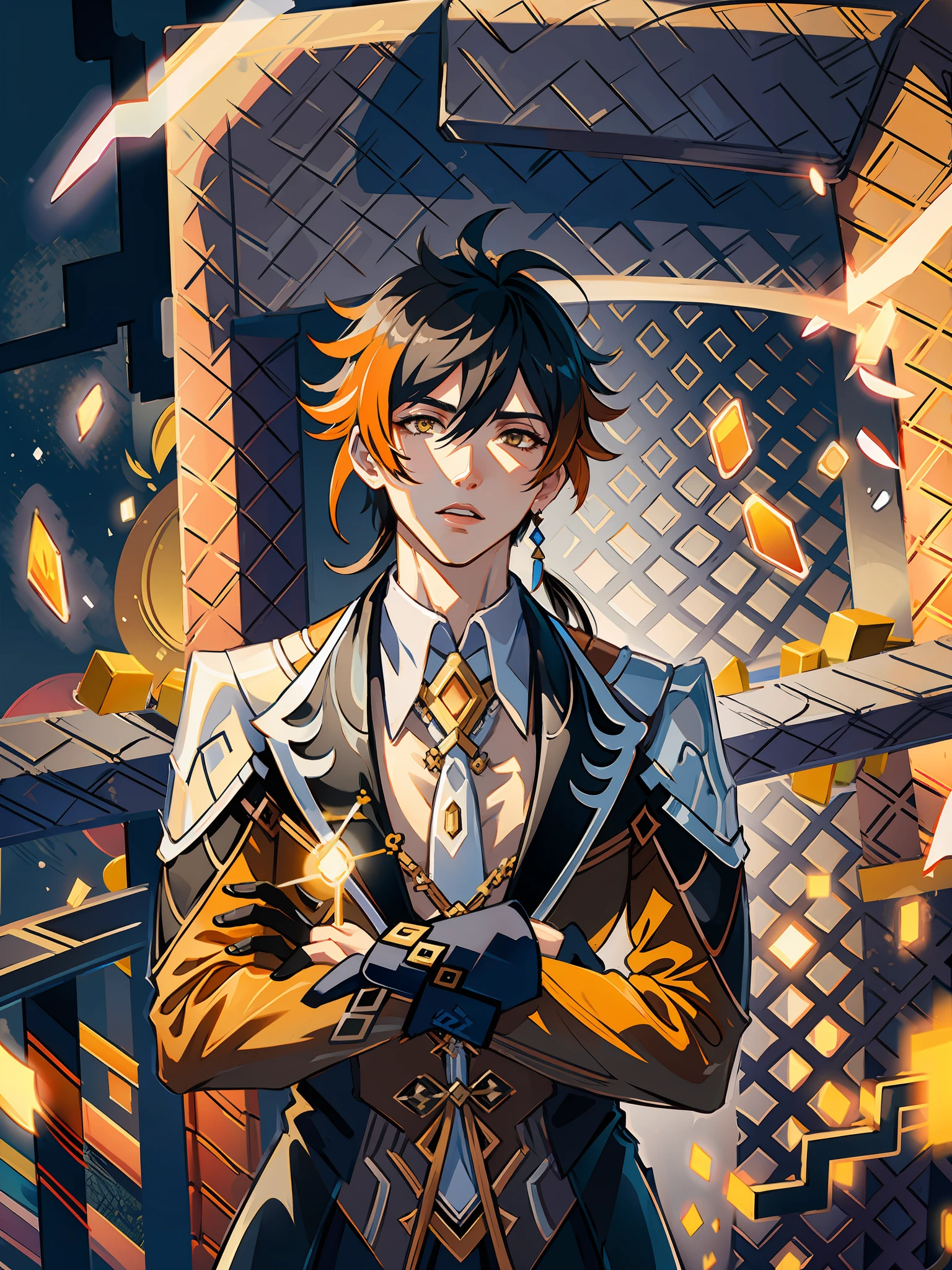 masterpiece, best quality,zhongli (genshin impact), male focus, jewelry, long hair, 1boy, solo, earrings, bangs, gloves, ponytail, black gloves, multicolored hair, brown hair, hair between eyes, single earring, jacket, tassel earrings, long sleeves, tassel, looking at viewer, yellow eyes,gradient hair, suit, black hair, (grey background:1.4),(kbxll:0.6)