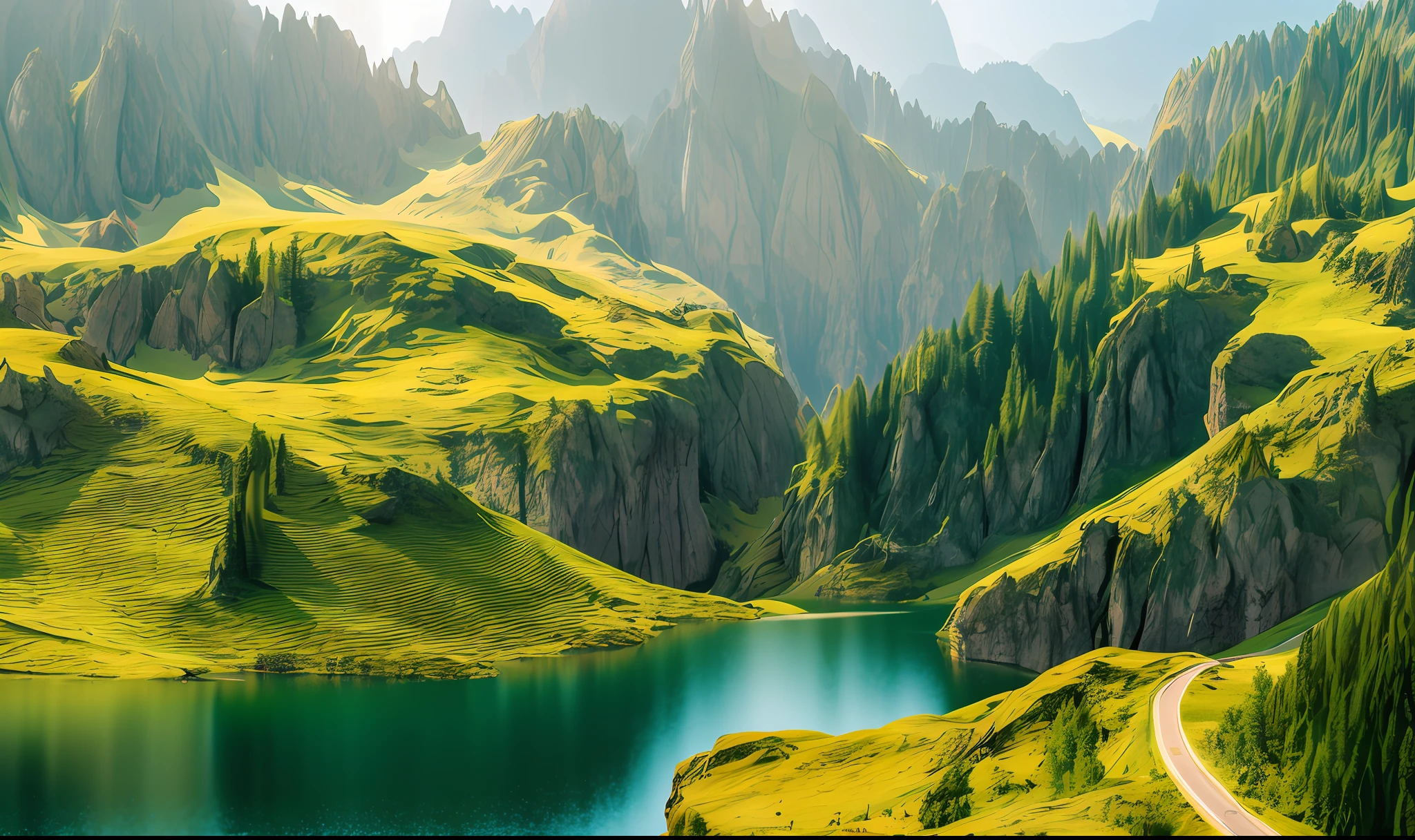 Beautiful fantastic serene fantasy landscape panorama, analog style photography in 4k, harmonious colors, dramatic lighting, sharp focus