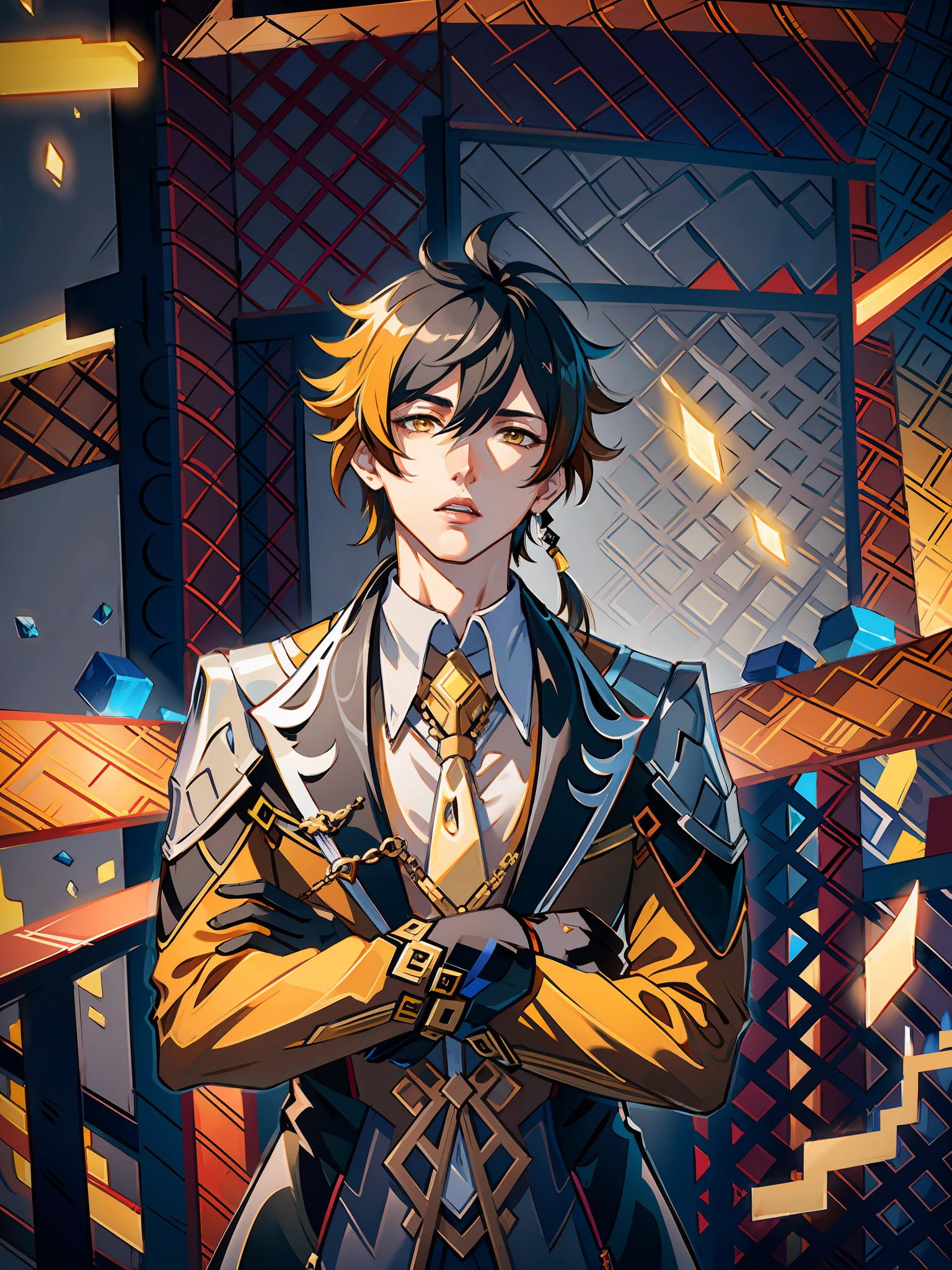 masterpiece, best quality,zhongli (genshin impact), male focus, jewelry, long hair, 1boy, solo, earrings, bangs, gloves, ponytail, black gloves, multicolored hair, brown hair, hair between eyes, single earring, jacket, tassel earrings, long sleeves, tassel, looking at viewer, yellow eyes,gradient hair, suit, black hair, (grey background:1.4),(kbxll:0.6)