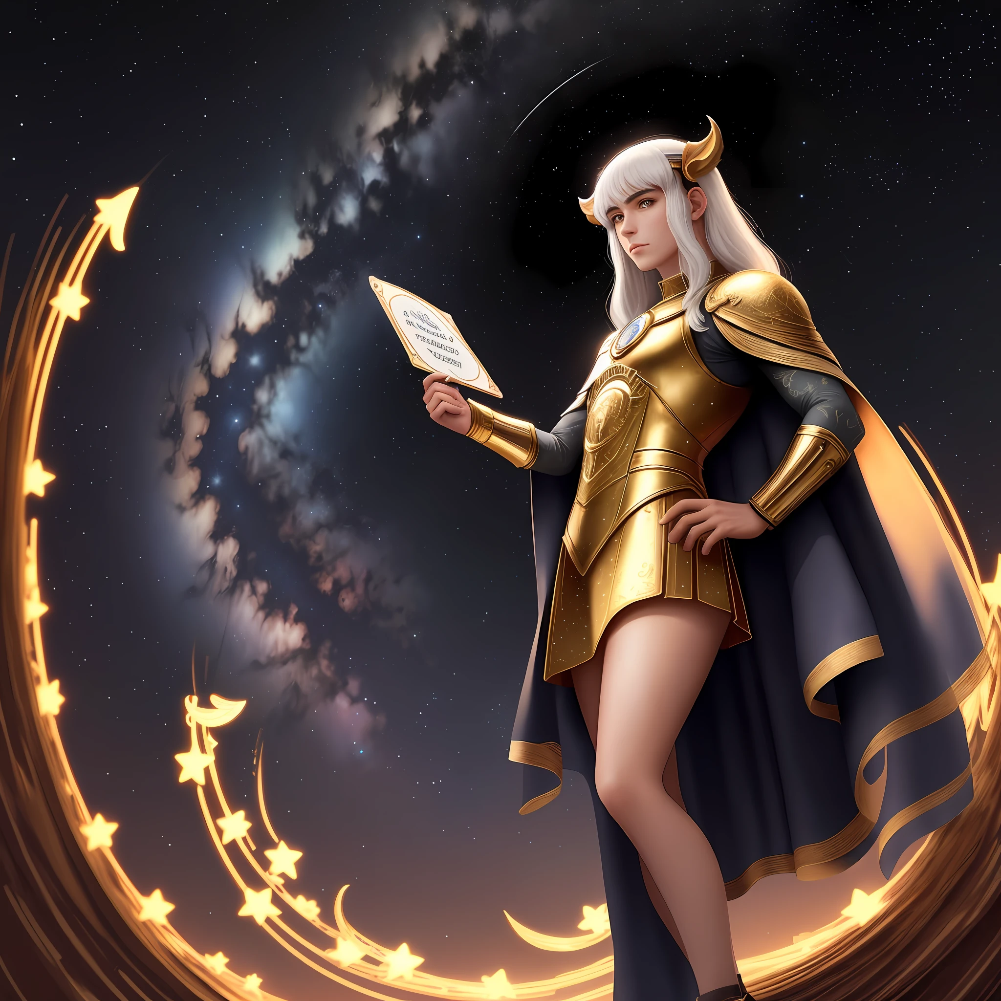 Mu of Aries holding a sign saying: Fernando Bueno. 11/04/1984 ->
(a beautiful illustration in anime style, breathtaking quality, super detailed, the background represents the constellation of Aries),Mu of Aries holding a plaque with the name "Fernando Bueno" and the date of "11/04/1984", in a stunning celestial setting.