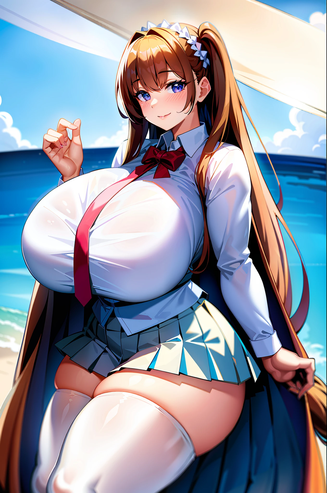 masterpiece,best quality,1girl,photorealistic,(gigantic breasts:1.2),thick thighs,huge thighs,( white shirt,pleated skirt:1.3),collar,white thighhighs,smile,happy,single braid,(venusbody:1.3)