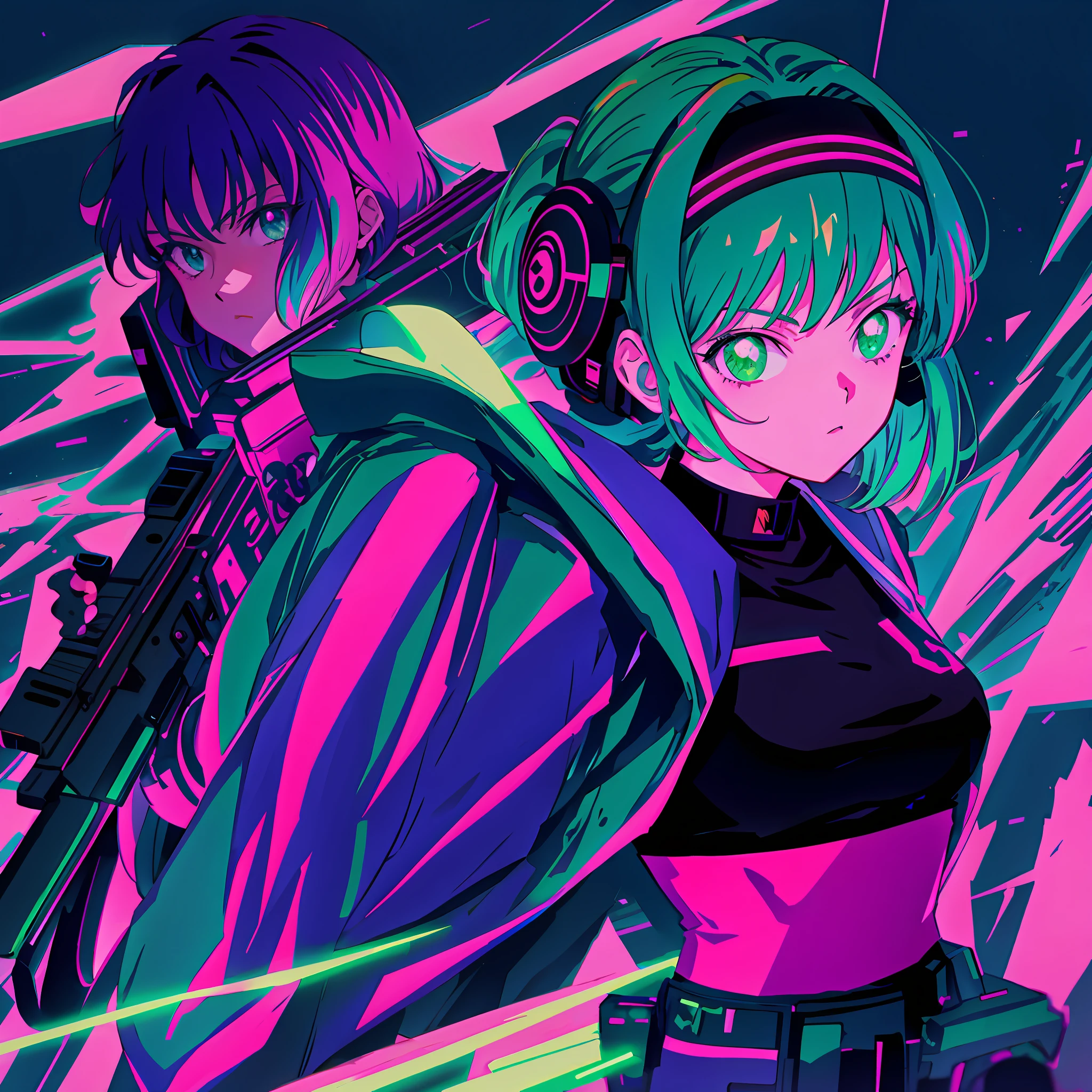 anime girl with a gun and a green light, 8 0 s anime art style, 8 0 s anime style, 8 0 s anime vibe, in the art style of 8 0 s anime, anime style 4 k, glitchpunk girl, 9 0 s anime art style, art deco outrun anime aesthestic, [ synthwave art style ]!! ]!!