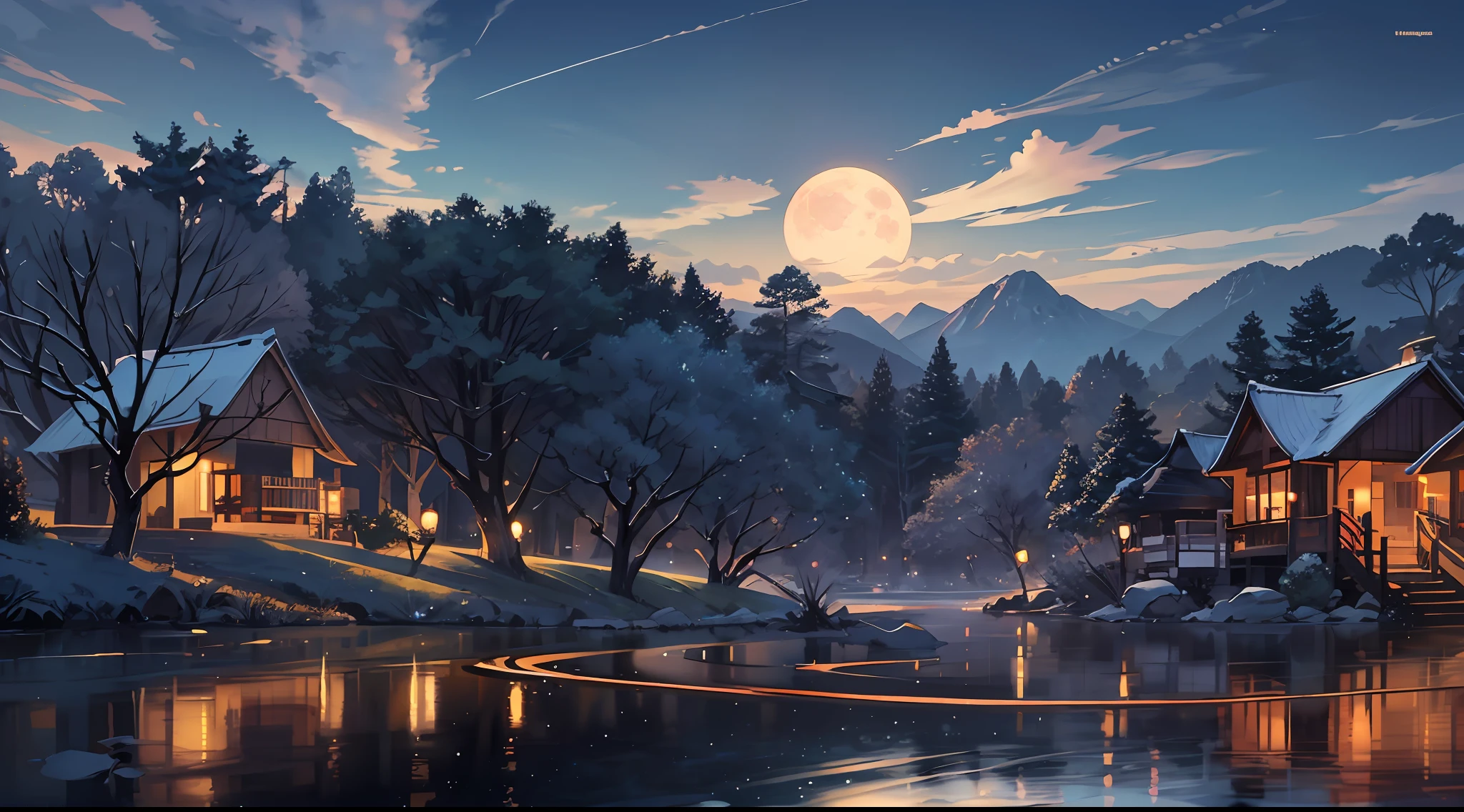 night scene with some house asian, vietnam, viet nam, ha giang, moon, lake in the foreground, calm night, green and blue, digital illustration, 4k highly detailed digital art, night scenery, anime art wallpaper 4k, anime art wallpaper 4 k, 4k detailed digital art, nighttime nature landscape, anime art wallpaper 8 k, background artwork, beautiful art uhd 4 k, 4 k hd illustrative wallpaper