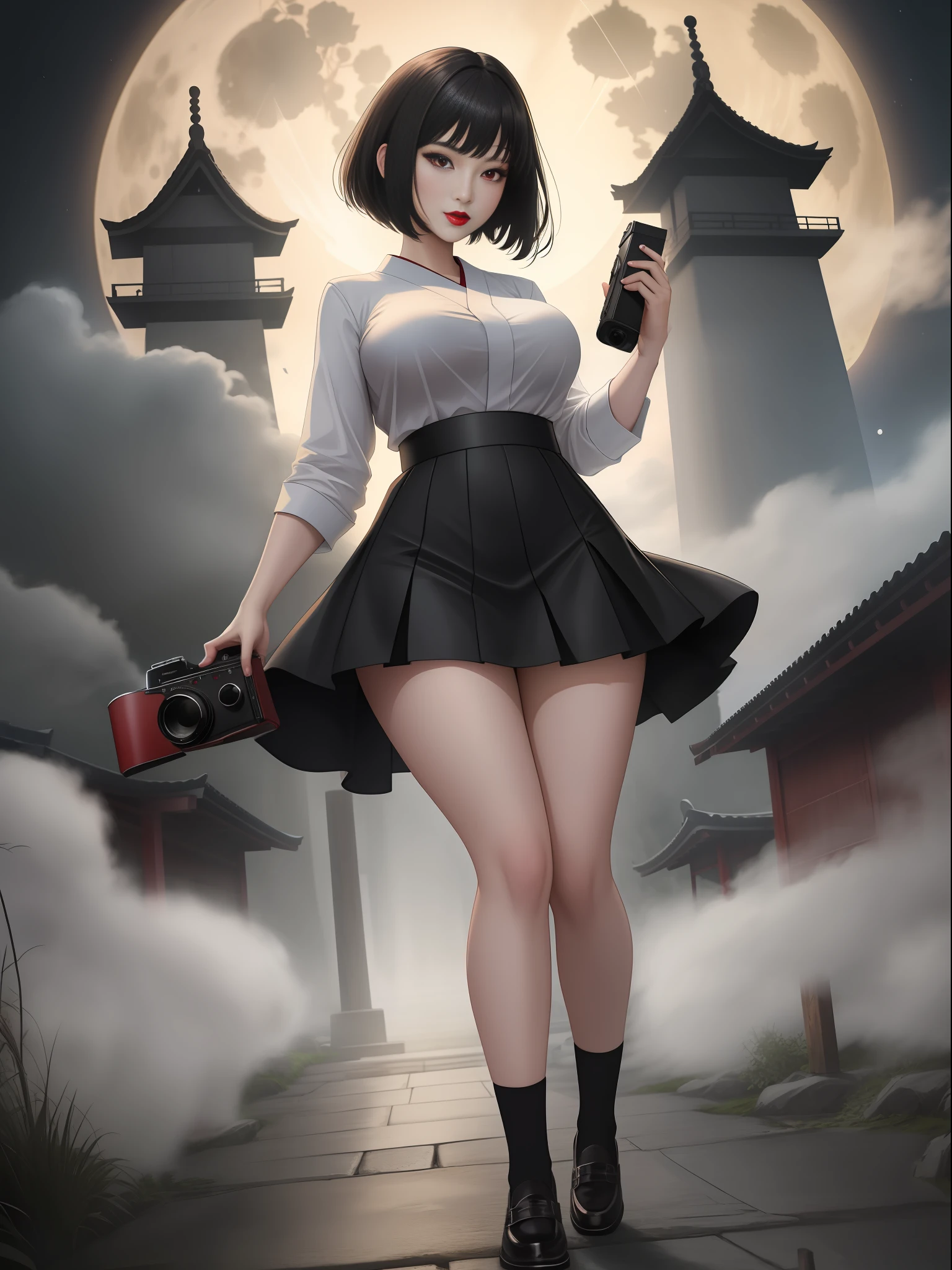 Full body photo of 1 woman in black high school student outfit with short skirt and several ghosts behind her, big breasts, extremely beautiful, she has short black hair, red eyes, red lipstick on her mouth, she is holding an old photo camera , is in an ancient Japanese village, is with a heavy fog and full moon, Fatal Frame Crimson butterfly, anime, Terror, 16k, best quality, highres, high details, UHD, masterpiece