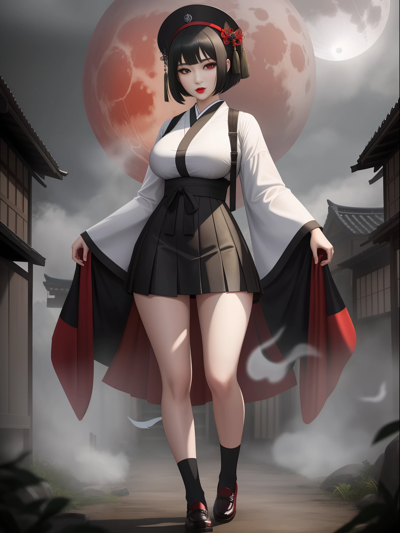 Full body photo of 1 woman in black high school student outfit with short skirt and several ghosts behind her, big breasts, extremely beautiful, she has short black hair, red eyes, red lipstick on her mouth, she is holding an old photo camera , is in an ancient Japanese village, is with a heavy fog and full moon, Fatal Frame Crimson butterfly, anime, Terror, 16k, best quality, highres, high details, UHD, masterpiece