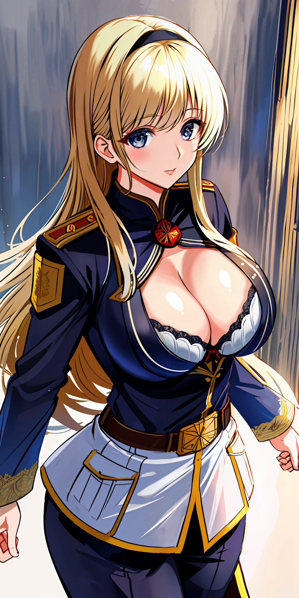 Relena peace craft, masterpiece, best quality, detailed face, detailed eyes, highlight, large_breasts, standing, Relena military uniform, bra, big breasts