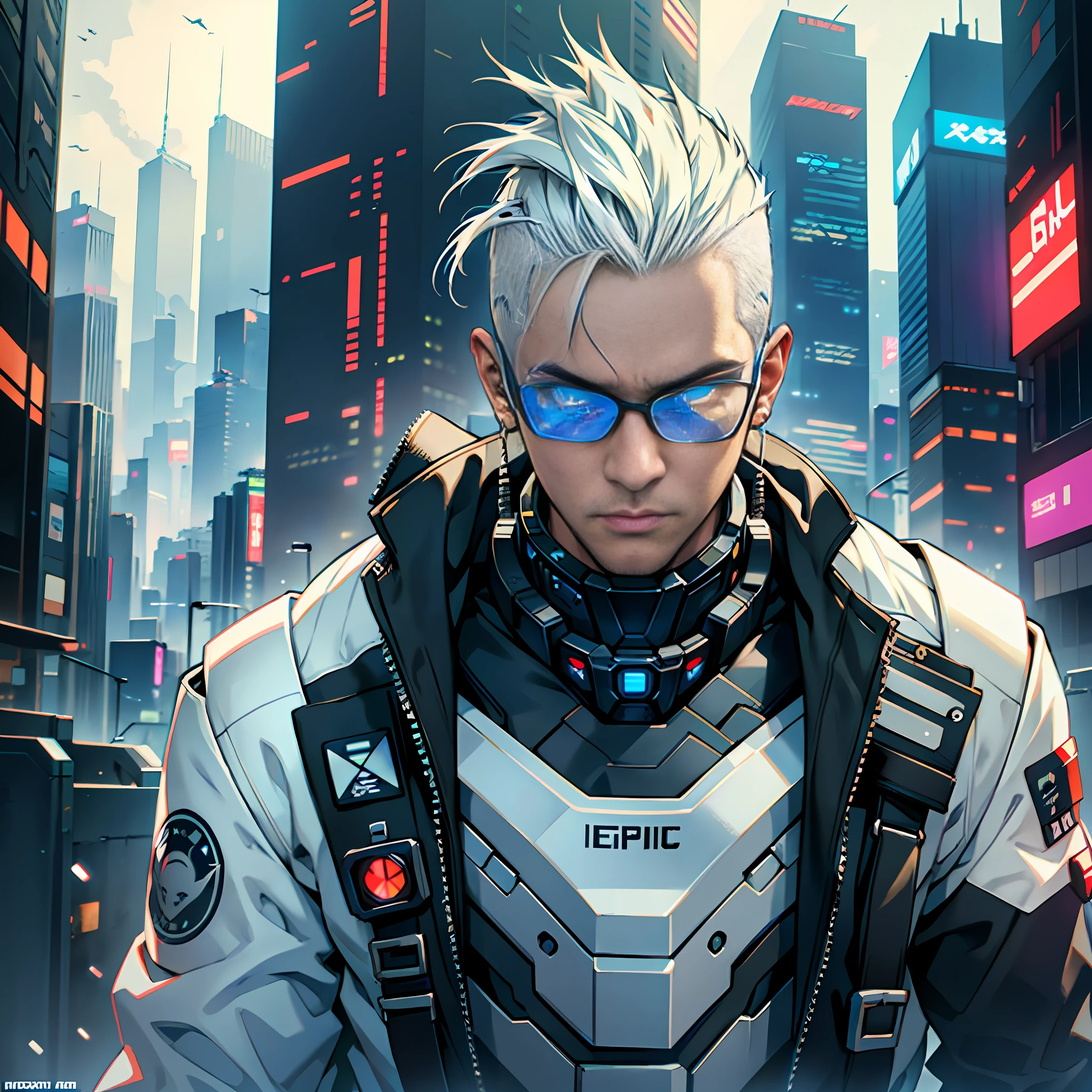 Cyberpunk makeover, white mohican hairstyle male, glasses, 18 years old, storm suit, handsome, bust, super detailed, realistic, super realistic, high quality, best, super detail, crazy detail, very detailed, photo realism, epic composition, best quality