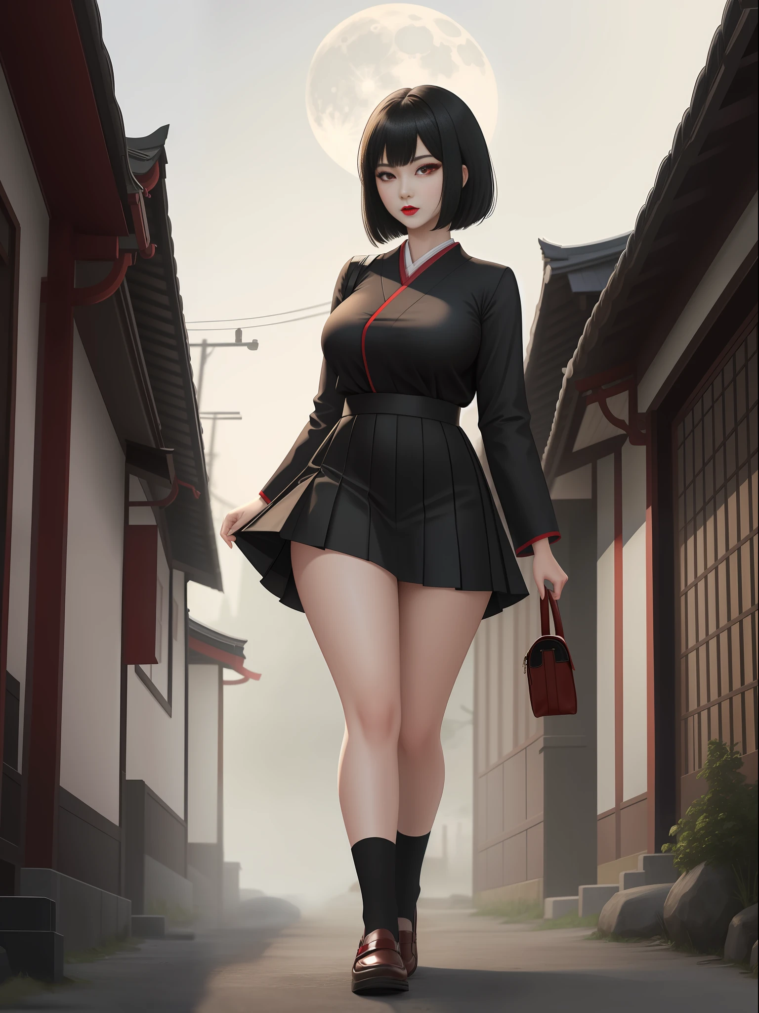 Full body photo of 1 woman in black high school student outfit with short skirt, big breasts, extremely beautiful, she has short black hair, red eyes, red lipstick on her mouth, she is in an old Japanese village with several ghosts walking on the street, this one with a strong fog and full moon, Fatal Frame Crimson butterfly, anime, Terror, 16k, best quality, highres, high details, UHD, masterpiece
