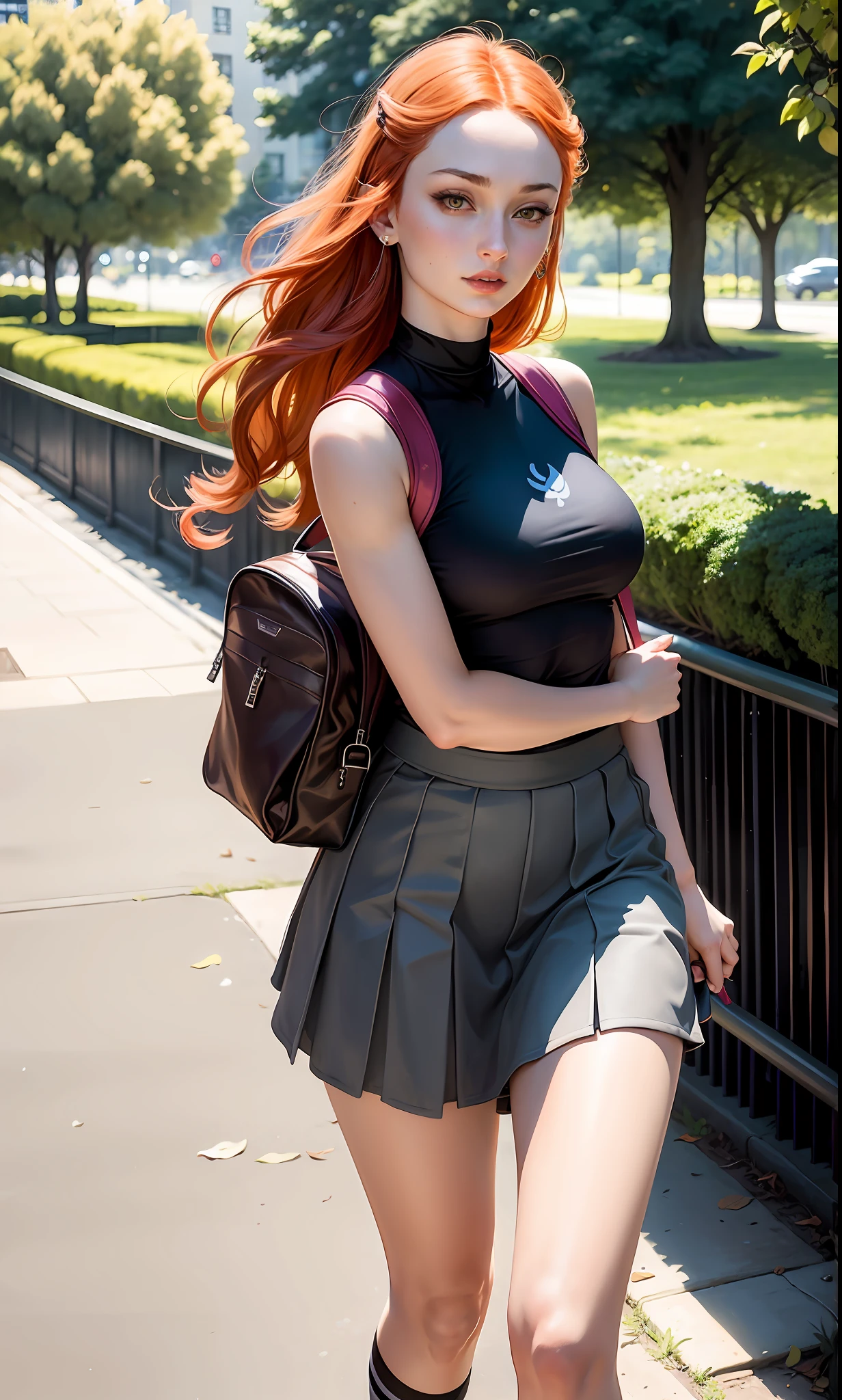 Dark Phoenix (Sophie Turner) wearing sexy sleeveless college uniform, skirt, knee long socks, sports sneakers and purse, dark eyeliner, walking in a park, sunny day