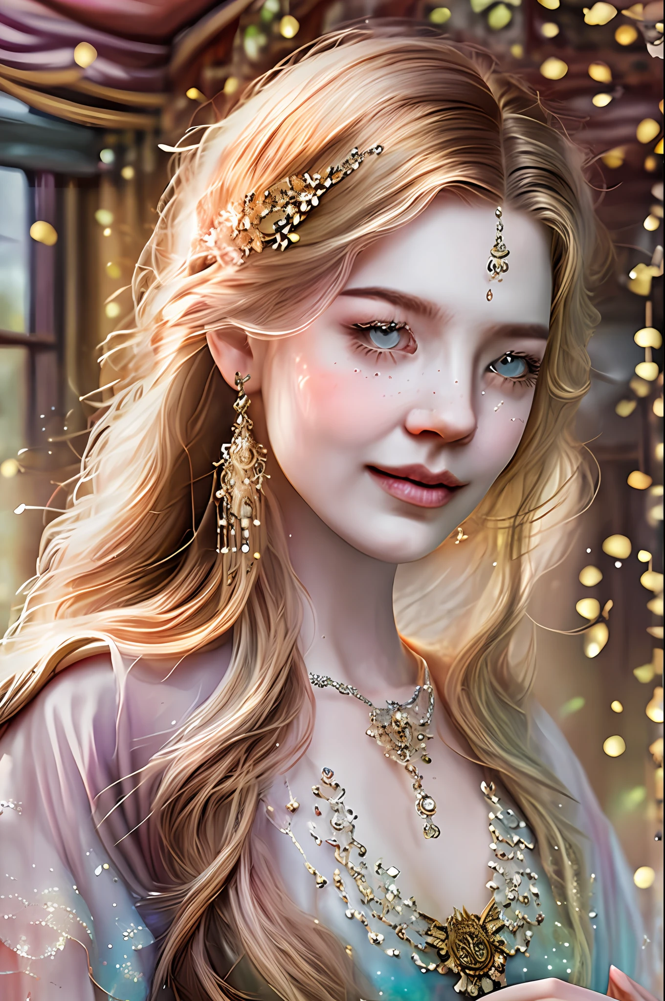 best quality,Masterpiece,Polish Woman,Silver Mudium hair, slime face,Almond eyes,Detailed face, Upper body, 3/4 shot, (Close-up:0.9), (Skin pores:1.1), 4K, Hyper-realism, Realistic, Hyper-realistic, High Definition, 35mm lens, Cinematic, Soft lighting, Magnificent Realistic, Faded, (( Neutral colors)), (HDR:1.5), Calm colors, Pastel, Warm light, Dramatic light, Complex background, rutkowski, Complex details, Ultra detail, Magnificent, Elegant, cinematography, light smile, steampunk witch, amulet, sunny forest cottage in background,