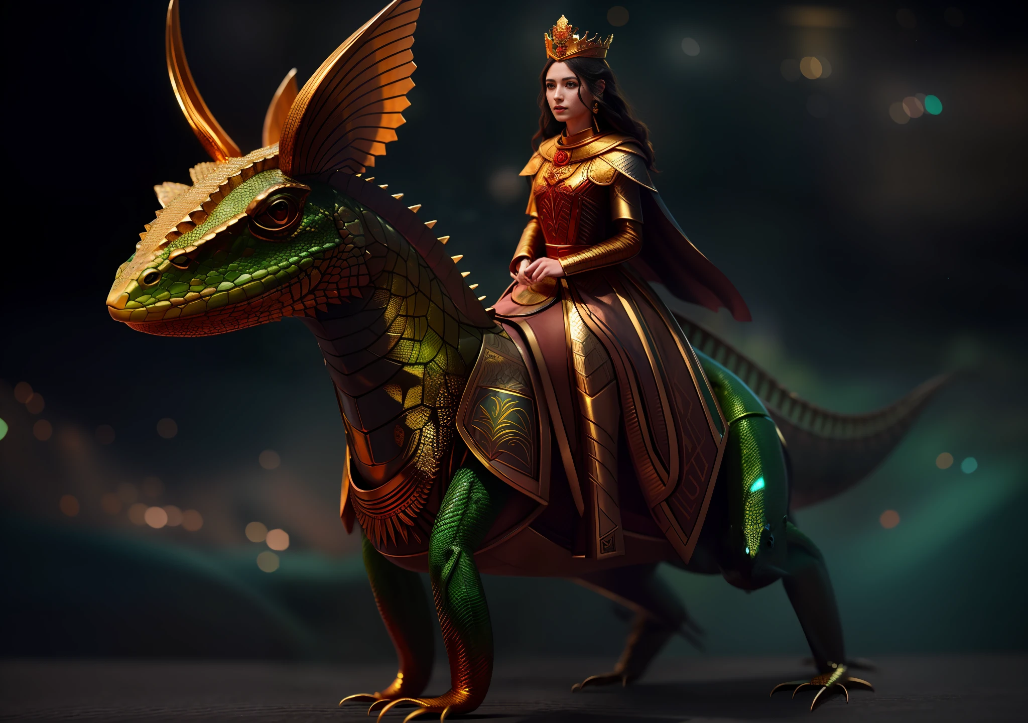 A queen in a golden ruby crown riding a lizard, in trends at the Art Station, Agnes Martin, full frame, 5D, fantasy, green eyes, skin texture, precise details of the face and eyes, three-point lighting, cinematic lighting, super detail, 8k uhd, natural environment, soft bokeh