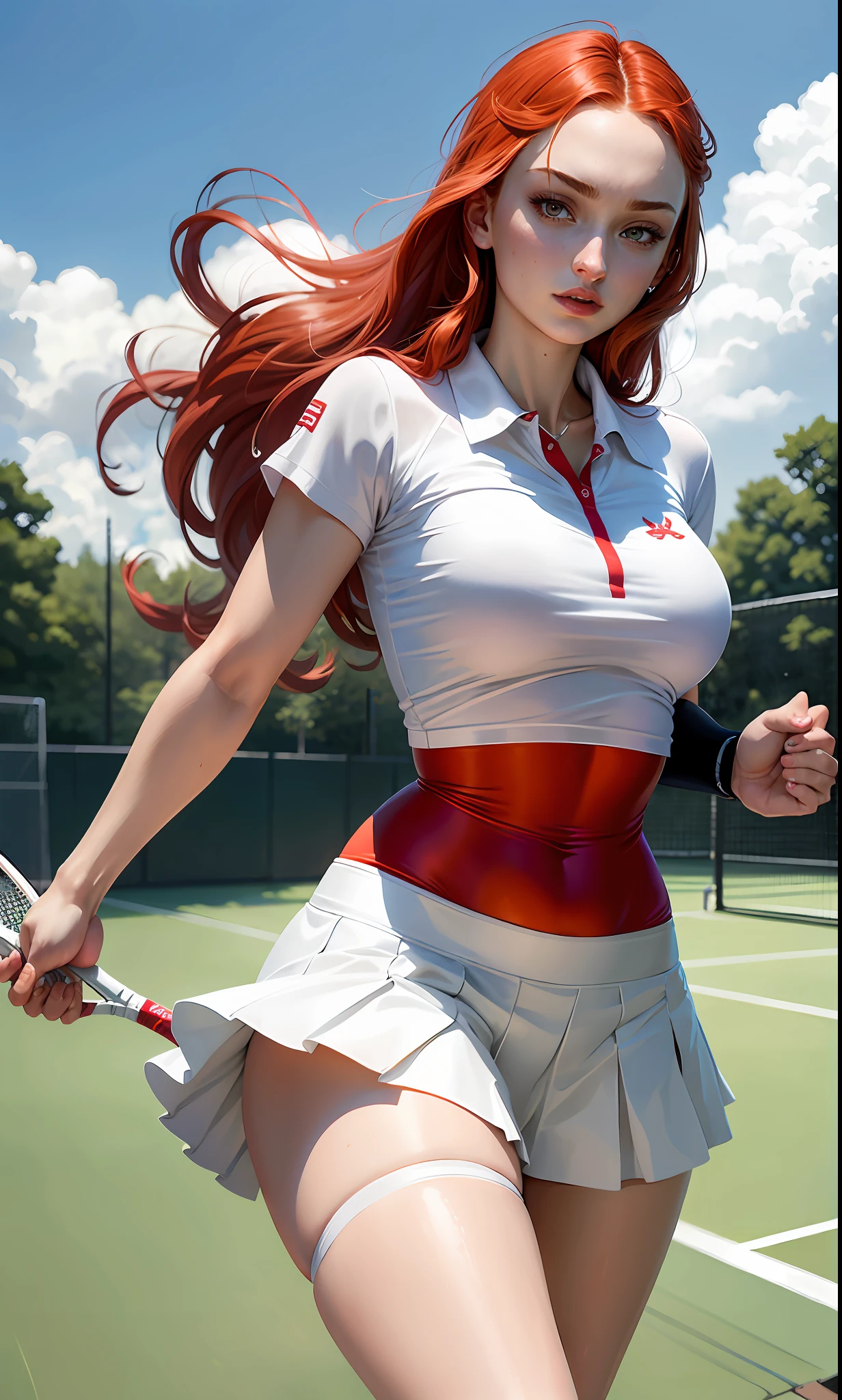 Dark Phoenix (Sophie Turner) wearing sexy white tennis shirt, white polo shirt and white skirt, sweaty red panties on a tennis court