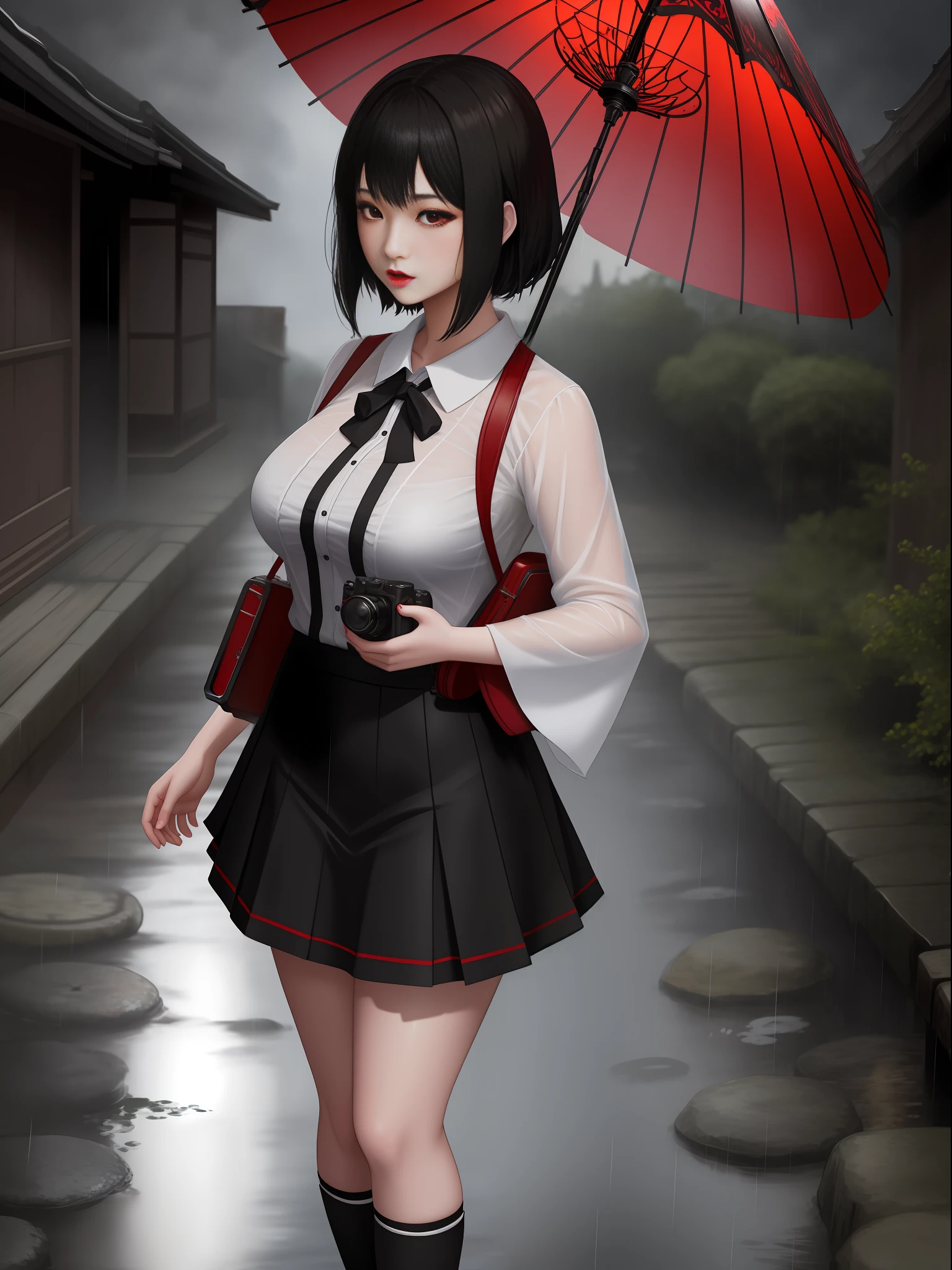 Full body photo of 1 woman in black high school student outfit with short skirt and 1 ghost of a creepy woman behind her, she has big breasts, extremely beautiful, she has short black hair, red eyes, red lipstick on her mouth, she is holding an old camera obscura for photography, she is in an old Japanese village at night, it is raining heavily, she is wearing transparent clothes and her hair is all soaked in water., Fatal Frame Crimson butterfly, anime, Terror, 16k, best quality, highres, high details, UHD, masterpiece