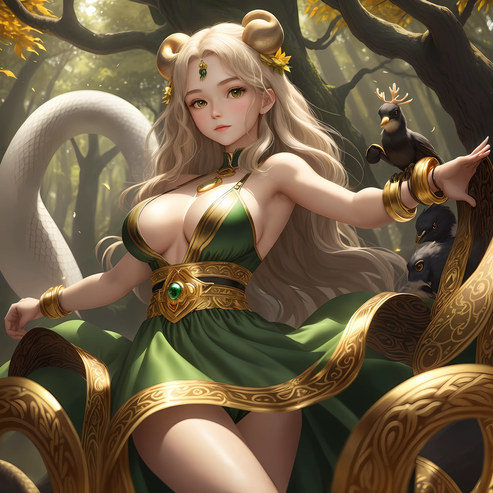 1 woman, fair skinned, beautiful, perfect looking, beautiful, (about ), brown wavy hair, sparkling eyes (green), plump figure, slim waist, big breasts, wearing antique dresses in solid tones (chest island), navel show, soft breasts, gold bracelet, gold arm bracelet, background detail, wide forest, fantasy forest, firefly, apple tree, black snake on tree, albino snake on tree, autumn leaves, grass, flock of small bird, albino moose, aura, daytime,