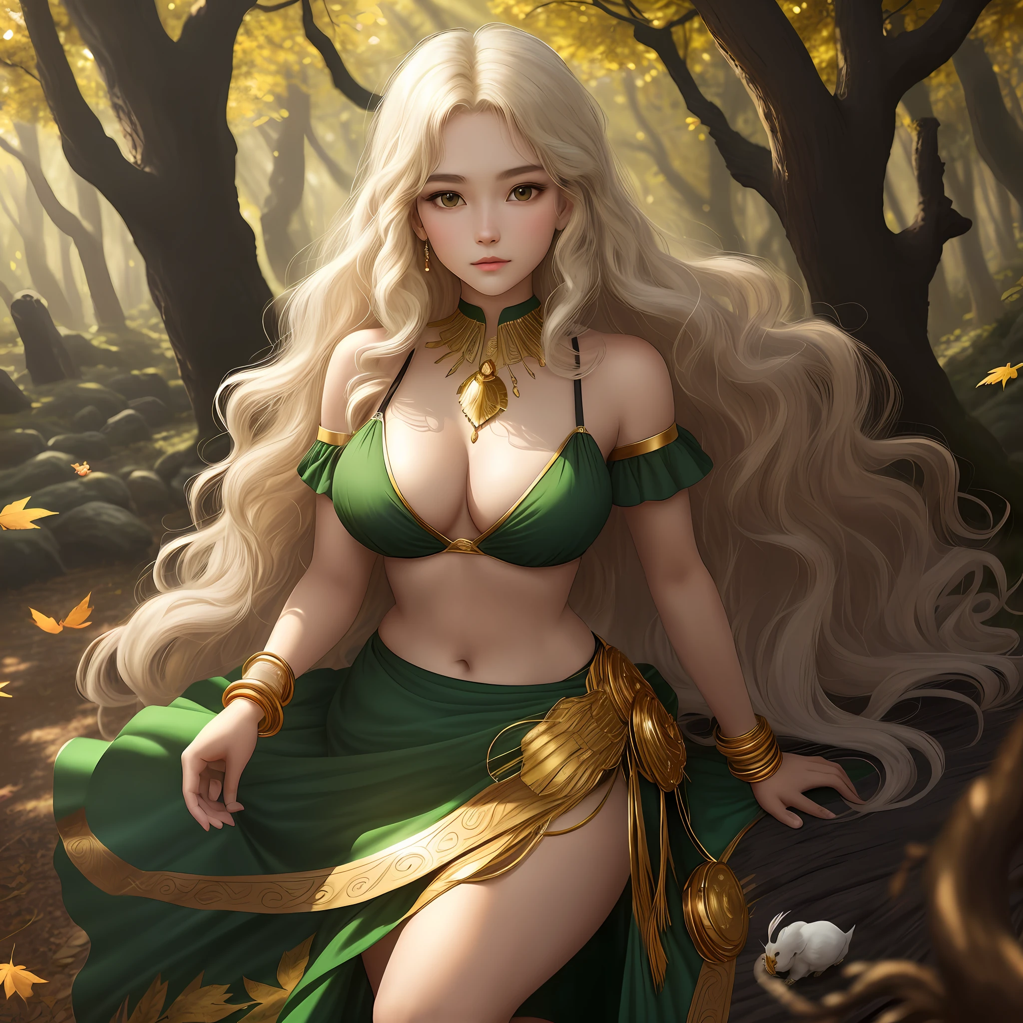 1 woman, fair skinned, beautiful, perfect looking, beautiful, (about ), brown wavy hair, sparkling eyes (green), plump figure, slim waist, big breasts, wearing antique dresses in solid tones (chest island), navel show, soft breasts, gold bracelet, gold arm bracelet, background detail, wide forest, fantasy forest, firefly, apple tree, black snake on tree, albino snake on tree, autumn leaves, grass, flock of small bird, albino moose, aura, daytime,