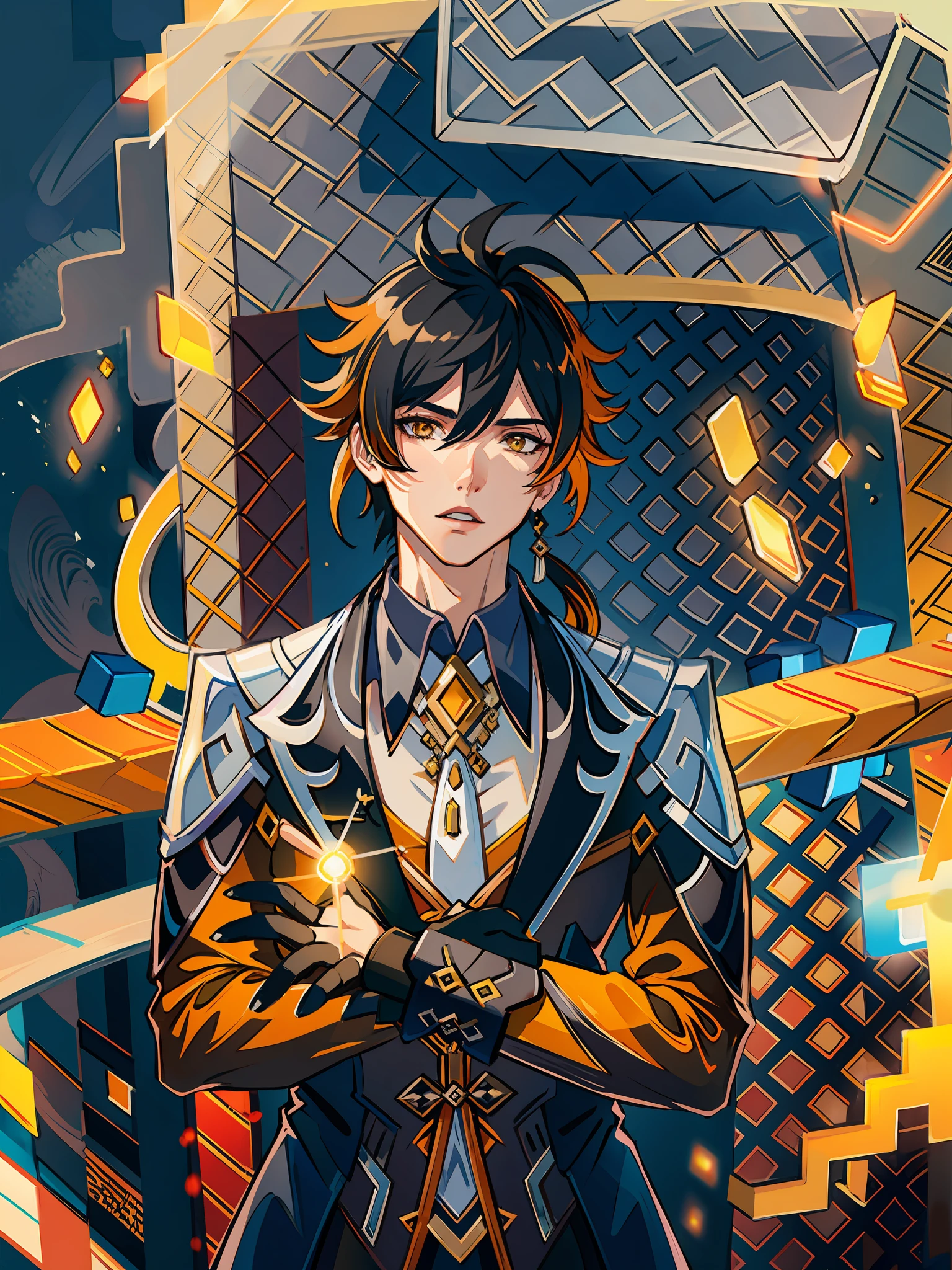 masterpiece, best quality,zhongli (genshin impact), male focus, jewelry, long hair, 1boy, solo, earrings, bangs, gloves, ponytail, black gloves, multicolored hair, brown hair, hair between eyes, single earring, jacket, tassel earrings, long sleeves, tassel, looking at viewer, yellow eyes,gradient hair, suit, black hair, (grey background:1.4),(kbxll:0.6)