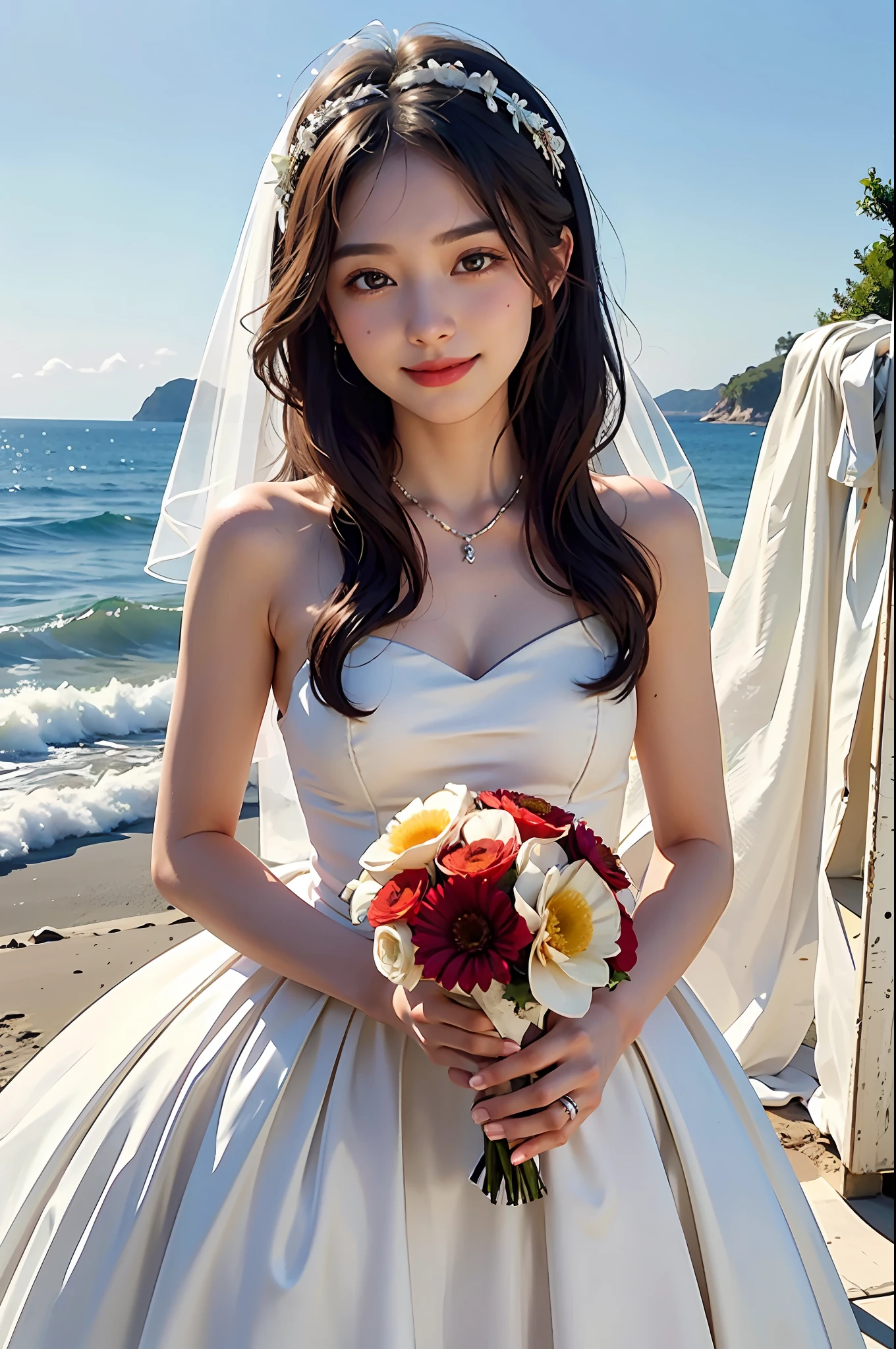 (Top Quality, Masterpiece: 1.2), 18 year old girl on the beach, smiling, white wedding dress, mermaid line dress (wine red bouquet: 1.3)