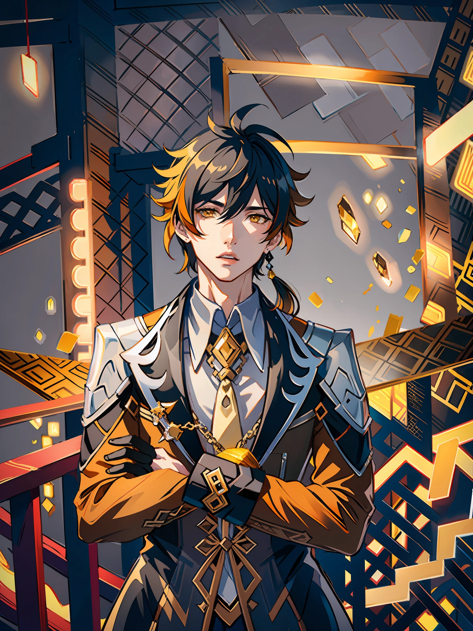masterpiece, best quality,zhongli (genshin impact), male focus, jewelry, long hair, 1boy, solo, earrings, bangs, gloves, ponytail, black gloves, multicolored hair, brown hair, hair between eyes, single earring, jacket, tassel earrings, long sleeves, tassel, looking at viewer, yellow eyes,gradient hair, suit, black hair, (grey background:1.4),(kbxll:0.6)