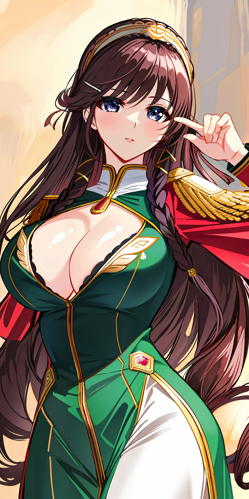 Relena peace craft, masterpiece, best quality, detailed face, detailed eyes, high-gloss, large_breasts, standing, Relena military uniform, bra, big breasts, very large boobs, coiled hair, hairpins, headbands, open clothes