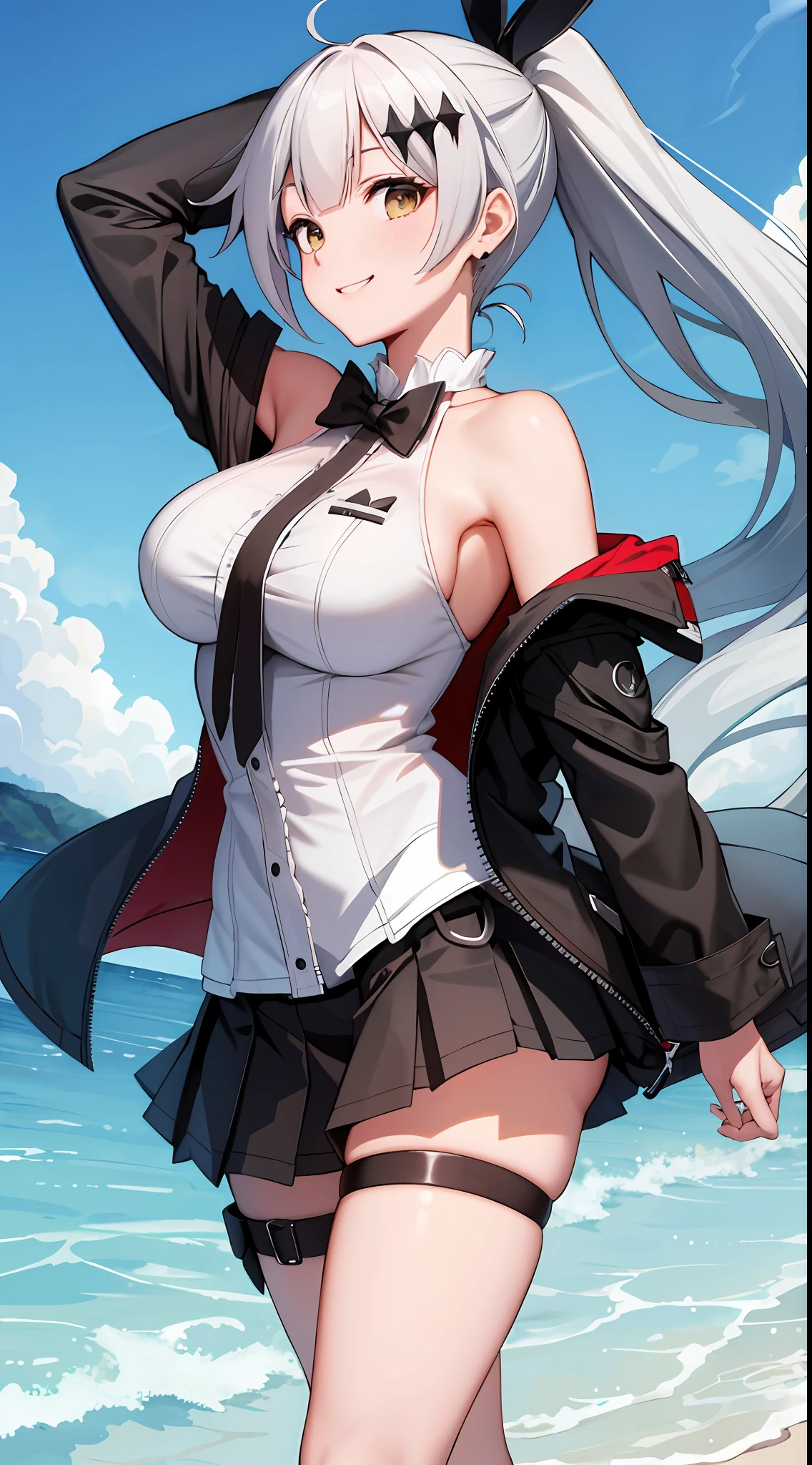 (masterpiece), (best quality), ((high resolution)), fiveseven, 1girl, long ponytail, (black pleated skirt: 1.2), (thigh strap, skin dentation), smile, wool black jacket off the shoulder, (big breasts: 1.3), (beach)